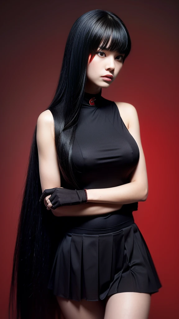 pretty, young, girl, long hair, black hair, (((red eyes))), bangs, (dark shirt), sleeveless, white collar, red tie, small breast, black gloves, black skirt, upper body, white skin, 18 year old, beauty, 1 girl, slender, extremely beautiful face, exquisite face, intimidating look