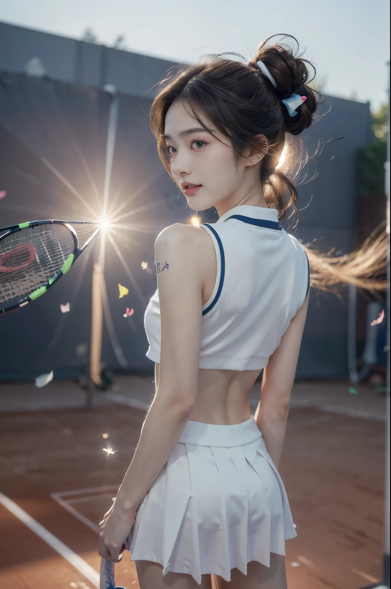 ((masterpiece, Highest Quality, super definition, High resolution)), sony a7, Film grain, a dark night, Photorealistic, one-point perspective, diffuse reflection, colorful shiny particles, Lens Flare, Soft lighting, ((1 slender woman of Japan, 22 years old), arms up:1.1, ((body shot:1.5)), Looking back, Seductive smile, dark brown hair, (Tennis Uniform:1.2), hyperdetailed face, Detailed eyes, Detailed Lips, Double eyelids, Small breasts:1.2, BREAK Tennis court, Spectators get excited, confetti flies, innocent smile, High quality, 4K, updo hair,