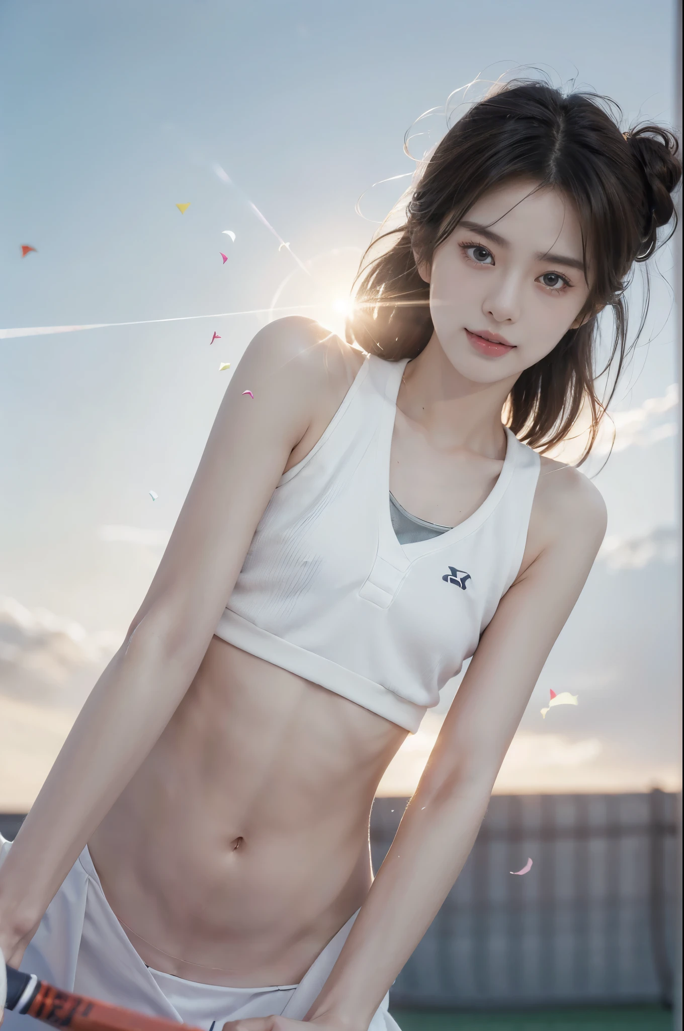 ((masterpiece, Highest Quality, super definition, High resolution)), sony a7, Film grain, a dark night, Photorealistic, one-point perspective, diffuse reflection, colorful shiny particles, Lens Flare, Soft lighting, ((1 slender woman of Japan, 22 years old), arms up:1.1, ((body shot:1.5)), Looking back, Seductive smile, dark brown hair, (Tennis Uniform:1.2), hyperdetailed face, Detailed eyes, Detailed Lips, Double eyelids, Small breasts:1.2, BREAK Tennis court, Spectators get excited, confetti flies, innocent smile, High quality, 4K, updo hair,