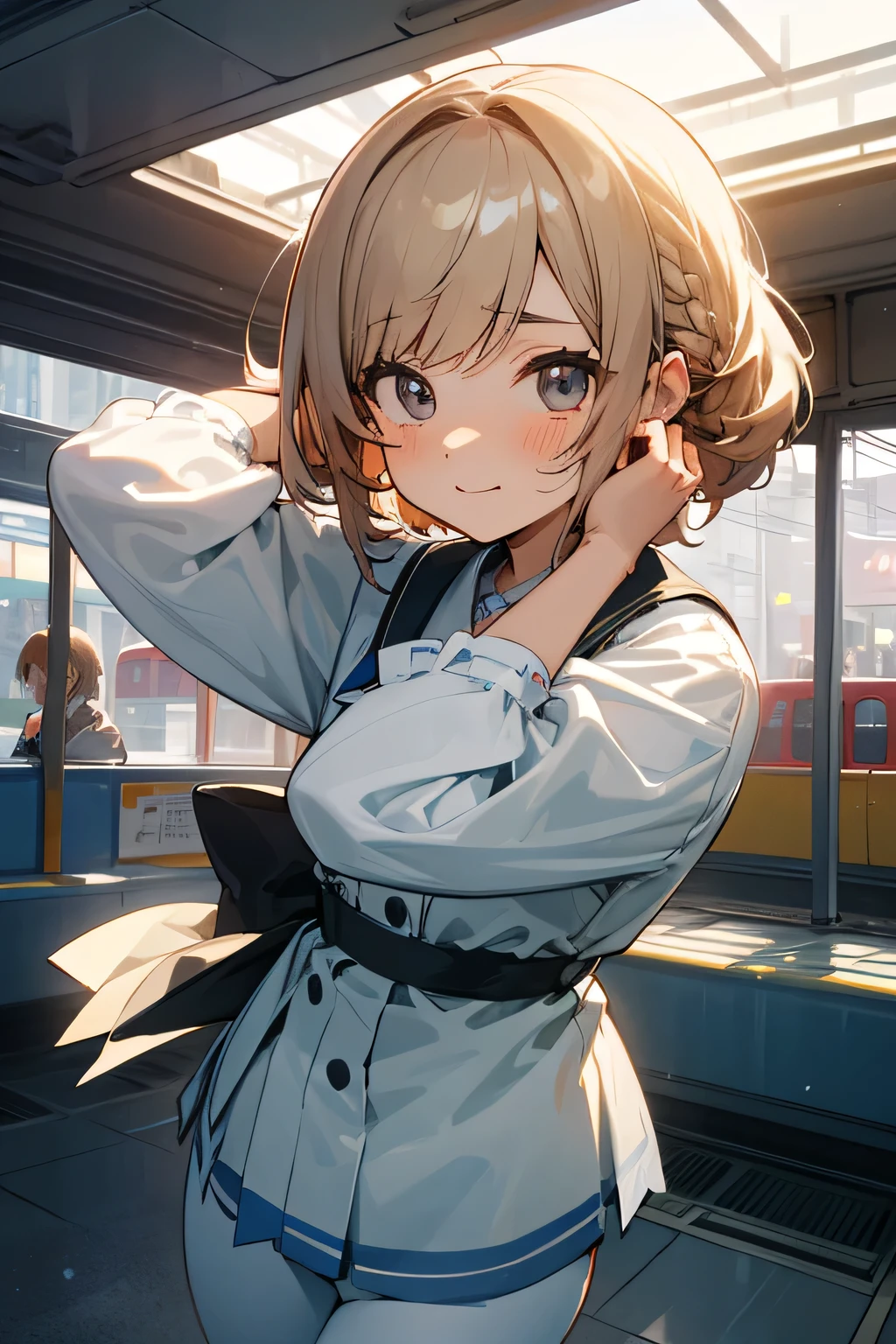 highest quality、High resolution、Detailed Background、(Beautiful face in every detail:1.4)、Anatomically correct、Hide your hands、(Detailed facial expressions)、(Detailed eyes:1.2)、(Detailed eyes:1.2)、age beauty、(Highly detailed face:1.4)、Perfect body line、cute hair color、Bobcut、Braided Ponytail、well-groomed eyebrows、cuteJK uniform、White Pantyhose、Playfully hugging a friend、Cute gestures、A big smile、laughing、smile、Station platform、Cowboy Shot、 (Two beautiful girls waiting for a train on a station platform:1.5)、cute