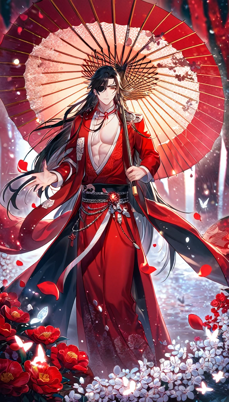 Ultra detailed, HDR, Highres, absurdres, master piece, Hua Cheng, black long hair, expressive red eye, black eye patch, Heaven Official's Blessing, glittering silver butterflies, petals, red clothes, red flowers, handsome, sexy man, toned chest, extremely detailed face and eyes, glittering, red forest, perfect face, best quality, red rain, grabbing a red oil-paper umbrella