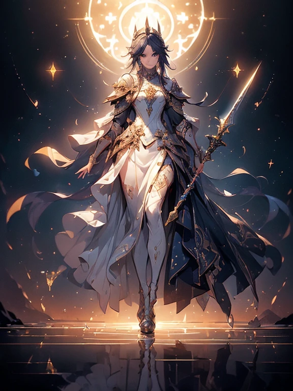 Design a layout showcase Gaming character, (1girl). Golden+Purle clothes, stylish and unique, ((showcase weapon:1.4)), magic staff, (masterpiece:1.2), (best quality), 4k, ultra-detailed, (Step by step design, layout art:1.5), (luminous lighting, atmospheric lighting), magican, ((glove full hands)), (((revealing clothes:1.3))), vambraces, armored legwear, (((full_body_shot:1.4)))