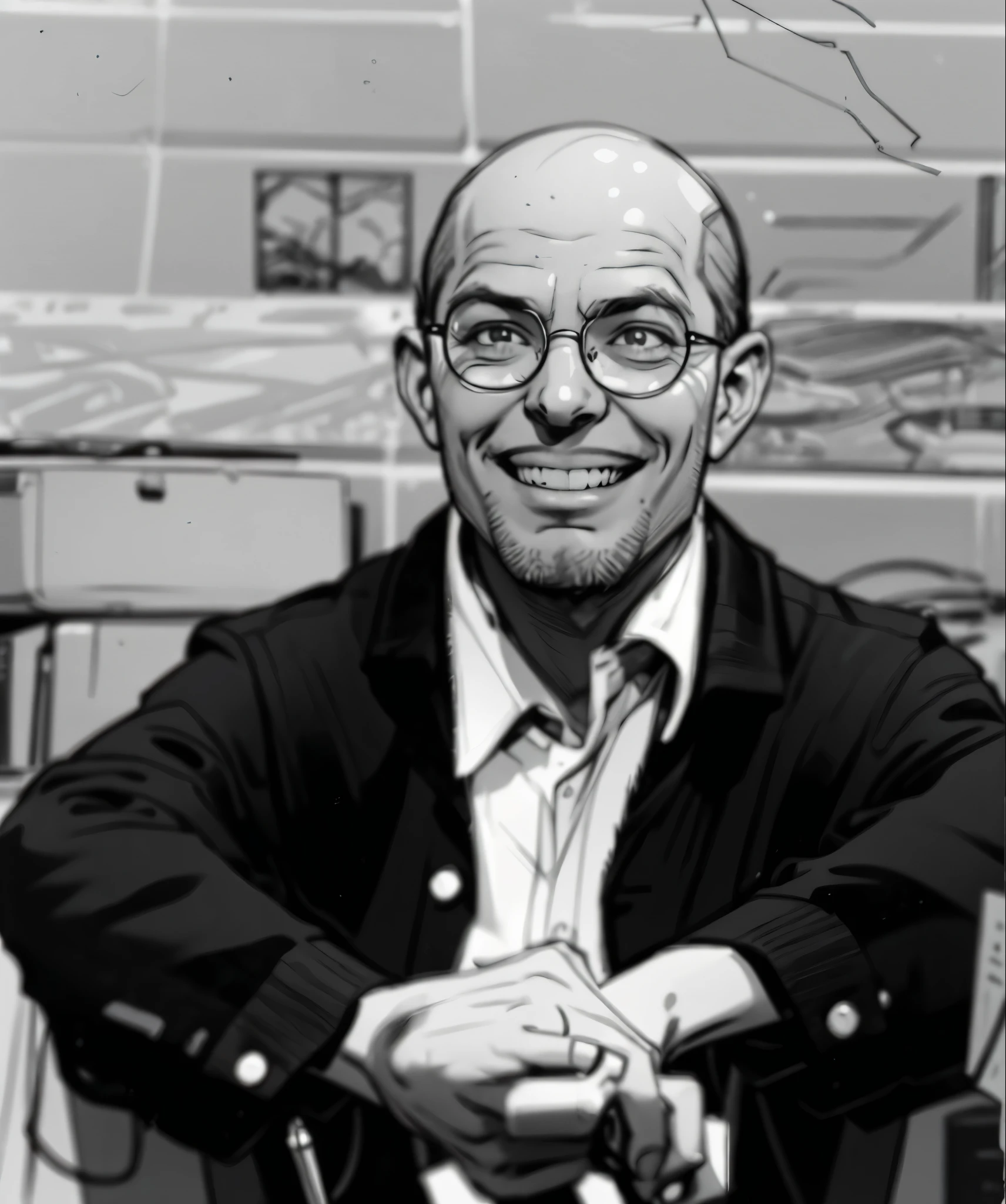 Gold wire half-rimmed glasses，Happy expression，laughing out loud，outstanding，(Young man)，Happy expression，Sketch Characters，Pen Sketch，Loose brushstrokes，Use a pen to draw delicate lines，Flow Action，Subtle ink shades，Elegant Posture，