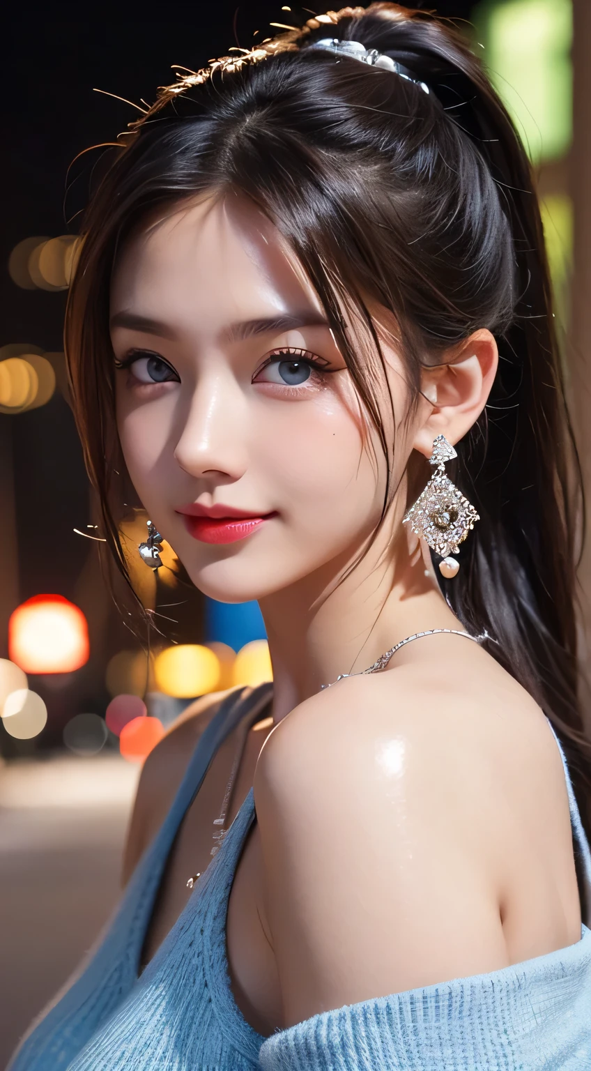 Urban beautiful girl college student, masterpiece, light makeup, Red lips, Silver Hair, Disheveled long hair, Street background, beautiful, elegant. Extremely fine detail, Master Works, Authentic texture, Realism in film lighting, Perfect job, 16k, High resolution, exquisite features,blue eyes、Japanese Idols、Beautiful face、Cute Smile、Brown Hair、beautiful hair、ponytail、glamorous、 Big Breasts、Erect nipples、Greasy muscles、Shiny skin、Sunburned skin、Glowing dark skin、Sexy knitted sweaters, Bright big eyes, Smooth Skin, Earrings, necklace, tattoo