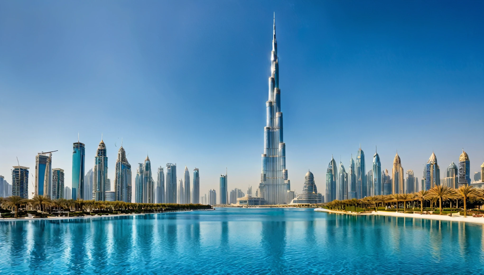 A digitally enhanced image of the Burj Khalifa and surrounding skyscrapers with futuristic modifications, under a clear blue sky with a vibrant body of water in the foreground.