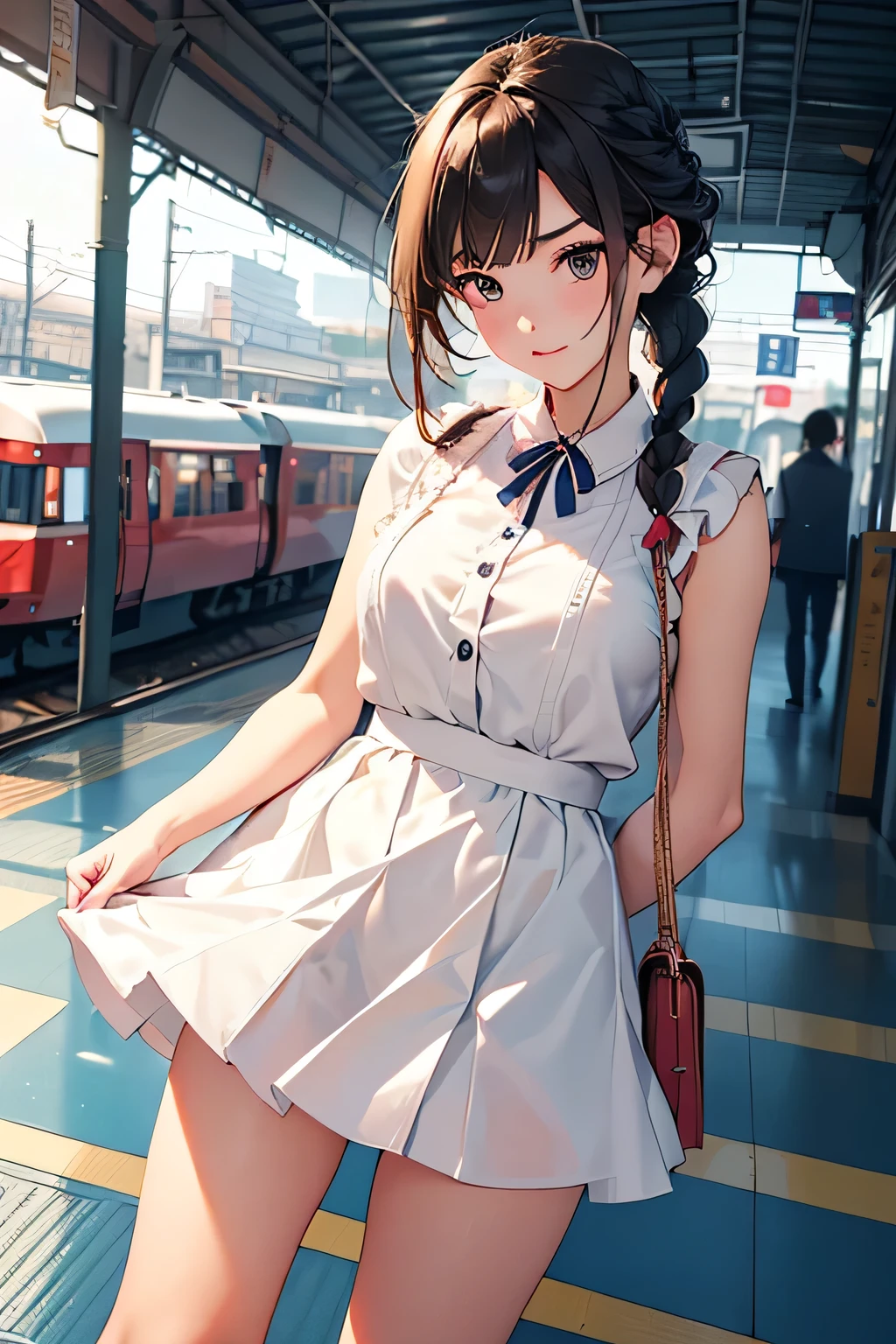 highest quality、High resolution、Detailed Background、(Beautiful face in every detail:1.4)、Anatomically correct、Hide your hands、(Detailed facial expressions)、(Detailed eyes:1.2)、(Detailed eyes:1.2)、Teenage beauty、(Highly detailed face:1.4)、Perfect body line、cute hair color、Braided Bob、Braided Ponytail、Braided twin tails、well-groomed eyebrows、cuteJK uniform、White Pantyhose、Playfully hugging each other、Cute gestures、A big smile、Station platform、Cowboy Shot、 (Three beautiful girls waiting for a train on a station platform:1.5)、cute