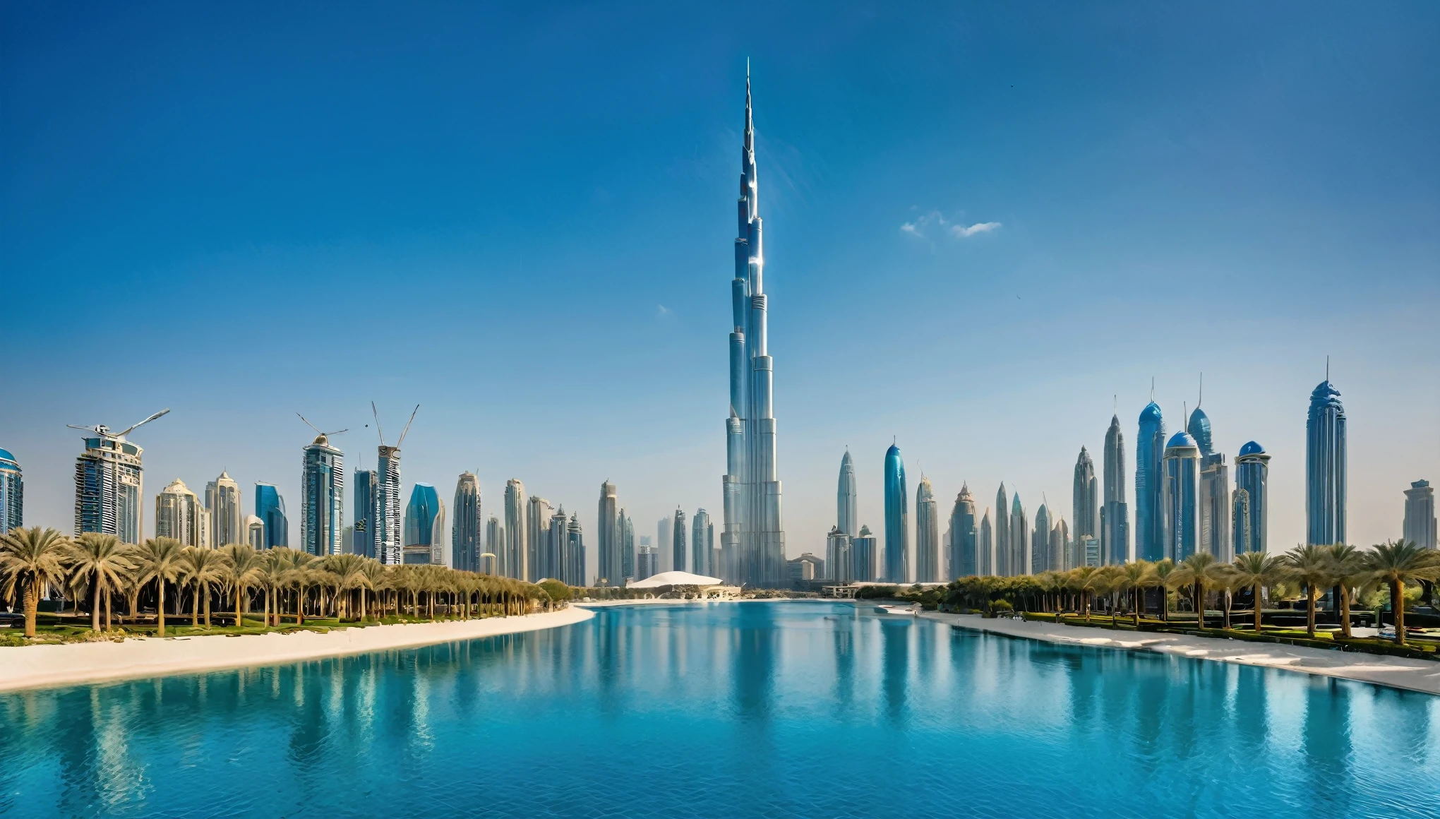 A digitally enhanced image of the Burj Khalifa and surrounding skyscrapers with futuristic modifications, under a clear blue sky with a vibrant body of water in the foreground.