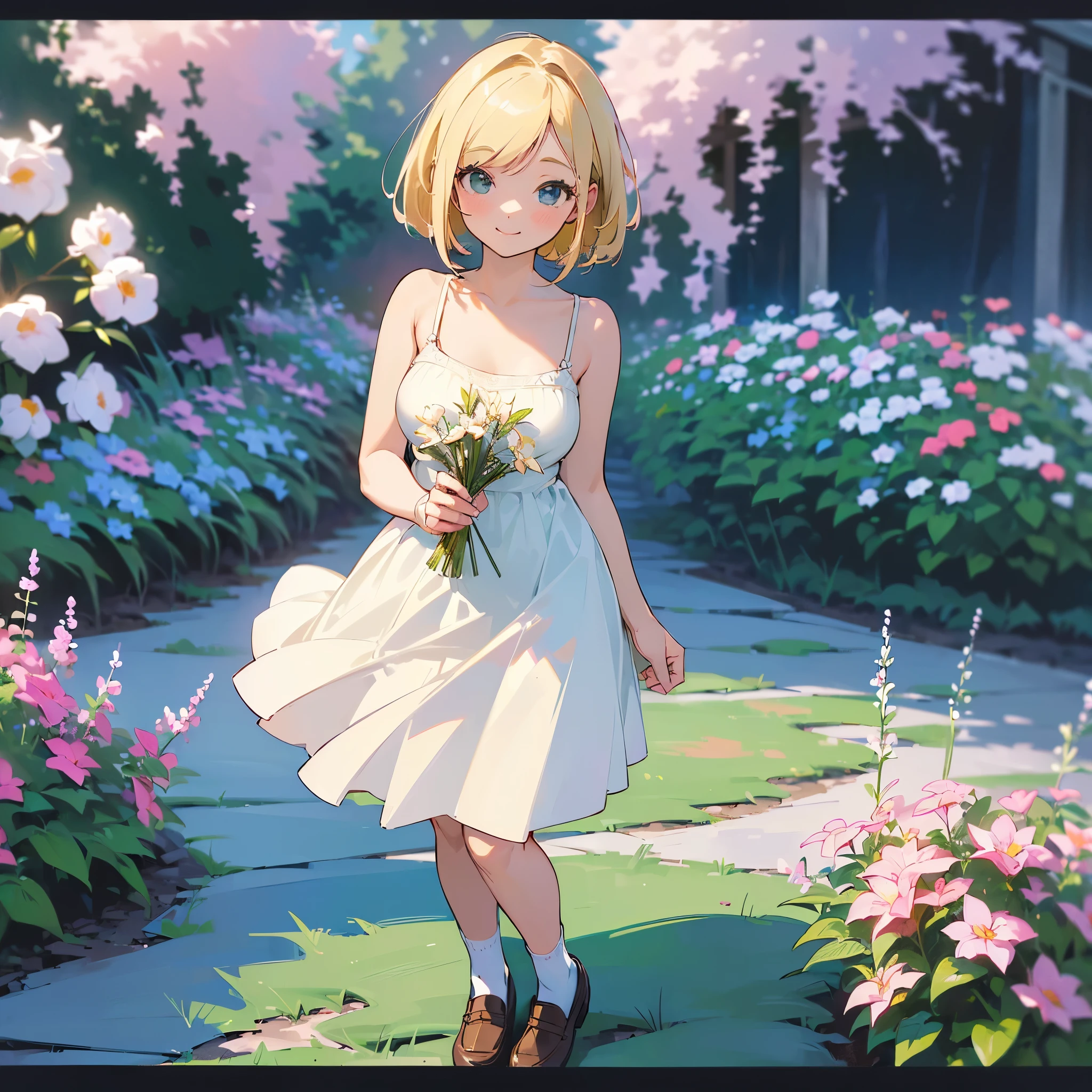 (high quality, High resolution, Very detailed, reality:1.37), Peaceful atmosphere, (Outdoor, garden),  girl standing alone, (my breasts are big.), Beautiful details, Cute Smile, (Blonde Bob Hair), White camisole dress, White socks, loafers.