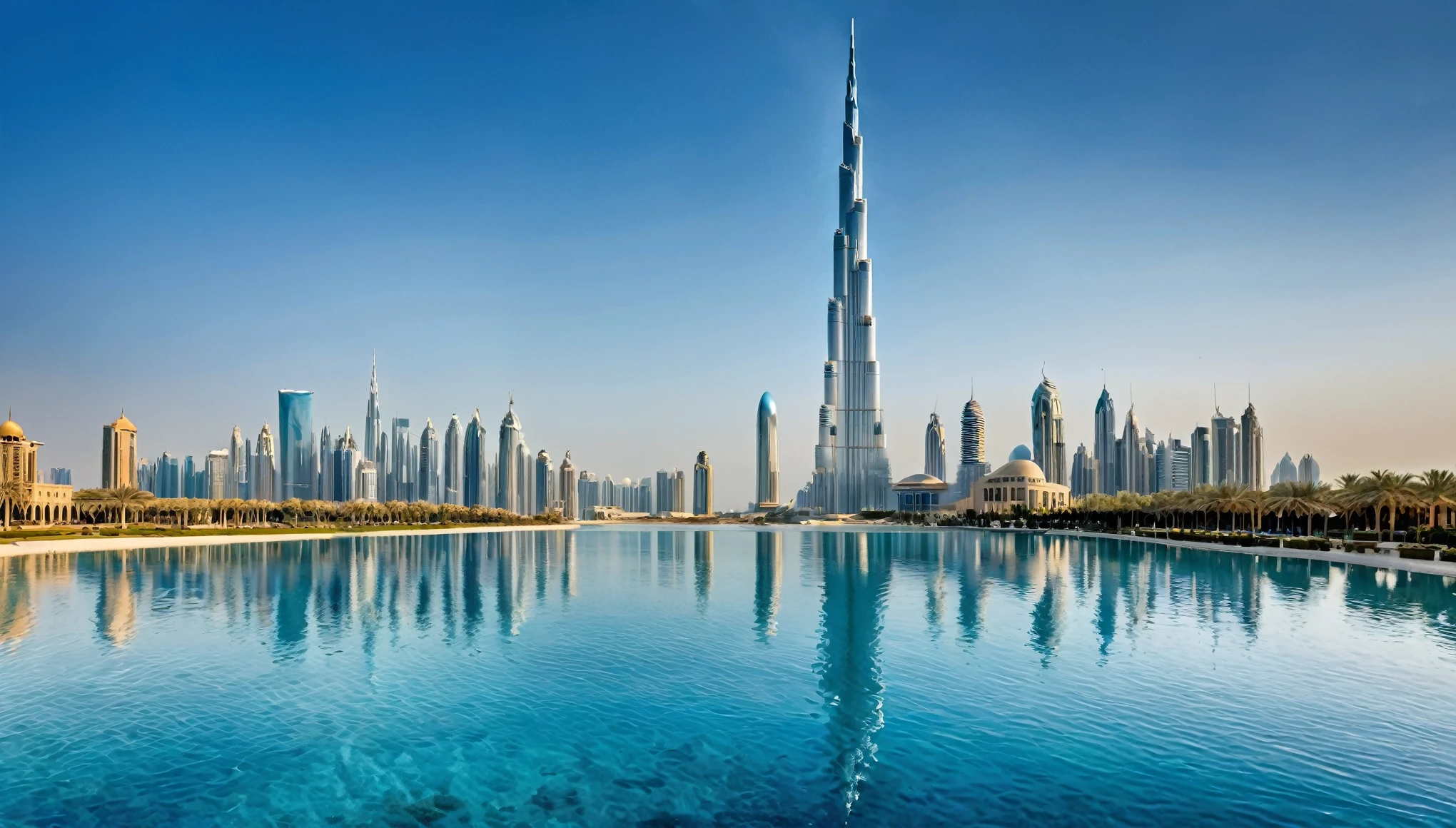 A digitally enhanced image of the Burj Khalifa and surrounding skyscrapers with futuristic modifications, under a clear blue sky with a vibrant body of water in the foreground.