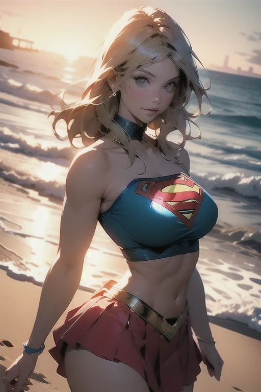 Cowboy shot, charming blonde, long blonde hair, ((supergirl)), wearing a supergirl costume, ((wet)), posing on the beach, looking at the viewer, sunlight passing through the hair, depth of field, bokeh, high detail, best quality  , volumetric lighting,