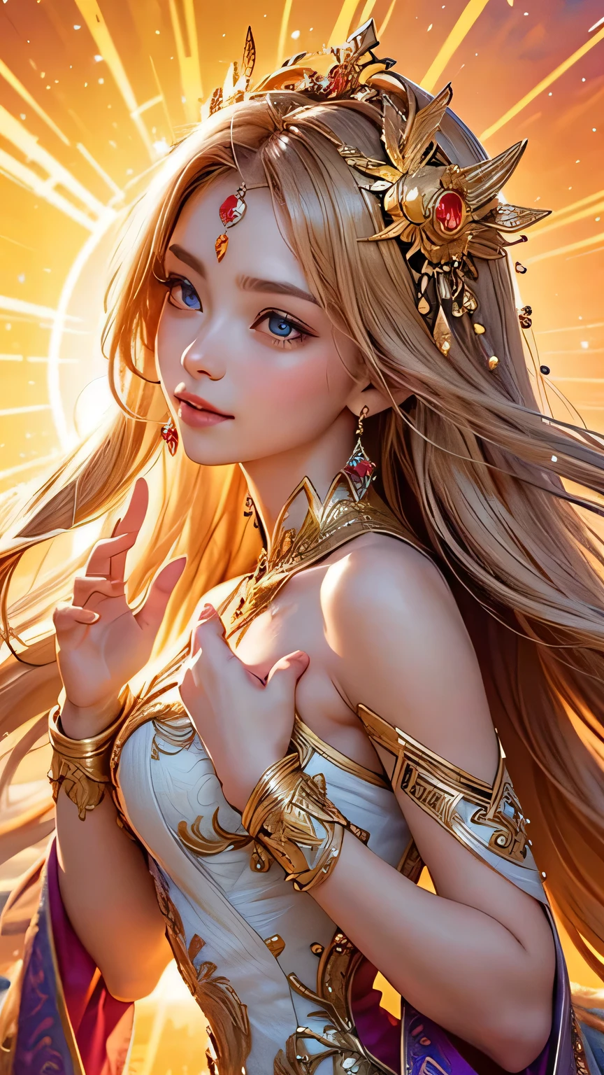 "Maiden of the Sun": Within a sacred sanctuary bathed in sunlight, depict the figure of a sun goddess, facing forward and emanating divine radiance, with golden hair, as she gazes towards us. Zoom in to focus on her face, with light orbs gleaming in her hands, representing the life-giving power of the sun. The background should be predominantly pink, evoking a sense of divine splendor. The setting is in heaven, enveloped in soft, bright light, where one can find tranquility and peace of mind, free from any trace of anxiety. Additionally, the light emanating from her hands should take the form of radiant hearts, resting gently on the palm of her hands.