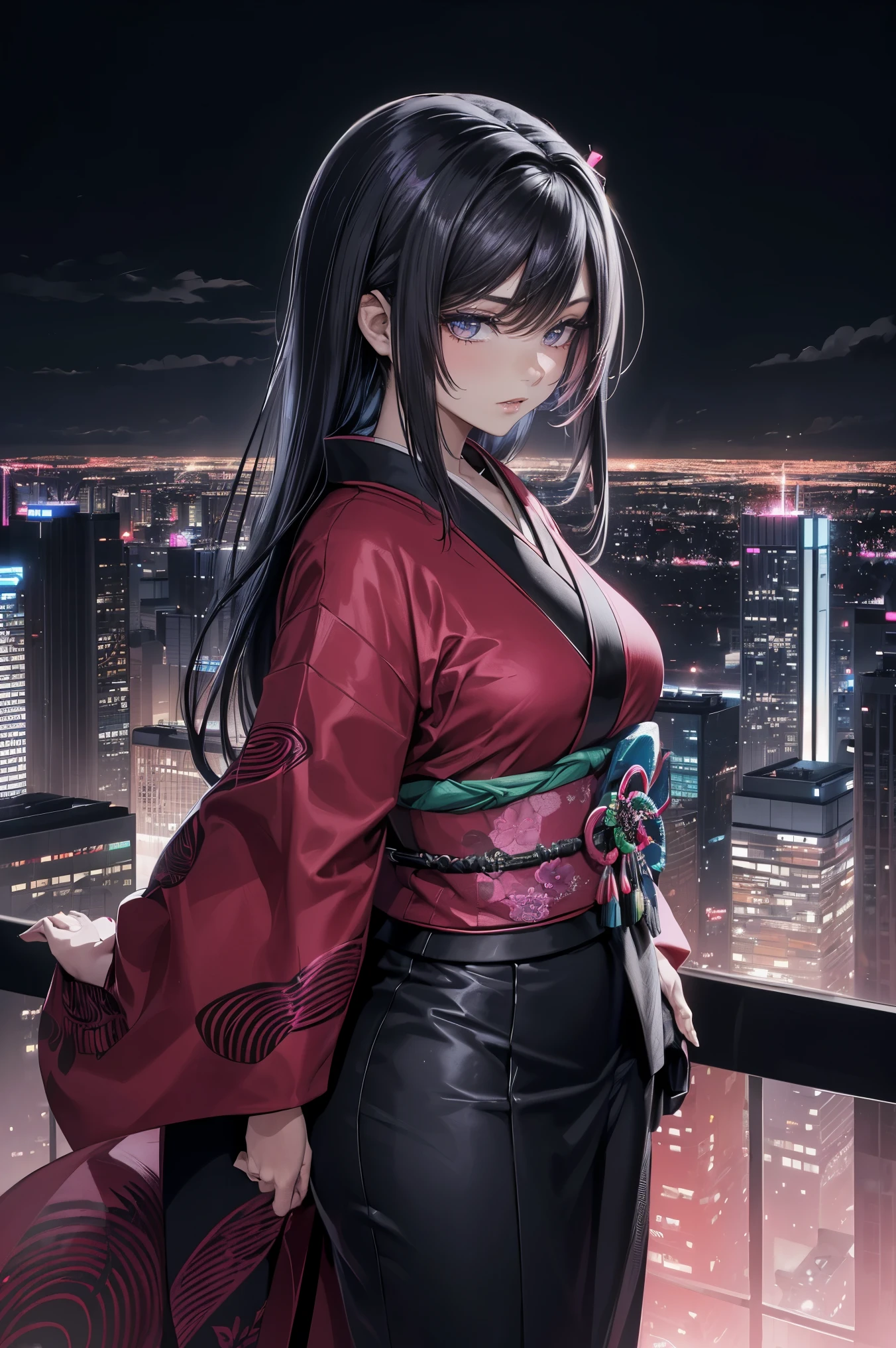 anime, (obra de arte, melhor qualidade, ultra-detalhado, alto contraste), 1 mulher (Sozinho, corpo todo, corpo plus size, standing on the edge of the skyscraper, cabelo prateado, CABELO LONGO E FLUXO, olhos vermelhos brilhantes de rubi, (Kimono preto, black cybernetics with neon pink), meias pretas transparentes), (skyscraper roof, com vista para uma cidade, fundo detalhado ((Night time, darkness, low light pollution)))