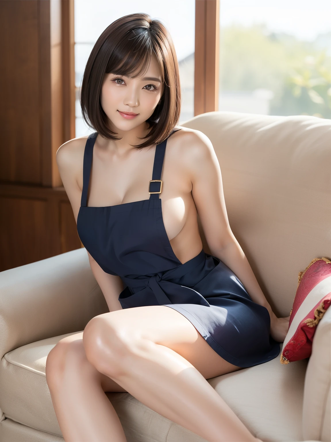 (Best quality: 1.5), (Real: 1.5), (1 person: 1.5), (masterpiece), full body, (Highly detailed), (High resolution), 8k, (slightly saggy and medium breasts), Natural colored lips, Japanese woman, 24 old girl, thin eyebrows, beautiful and elegant face, cute face, arched thin eyebrows, (big eyes with a good balance between the left and right sides), cute eyes, beautiful eyes, beautiful thin nose, beautiful face line, fair skin, beautiful and graceful features, natural bangs, beautiful and thin nose, beautiful skin , medium bob hair, natural bangs, perfect and beautiful facial features, slim face and figure, (bright lighting), professional lighting, (frontal lighting), beautiful cleavage, 1 girl, cute and sexy 24 old woman, slim Japanese woman, fair skin, (cute smile), Wearing a naked apron, (naked apron), (naked and wearing only an apron), Beautiful breasts, sit on a luxurious sofa in the living room,