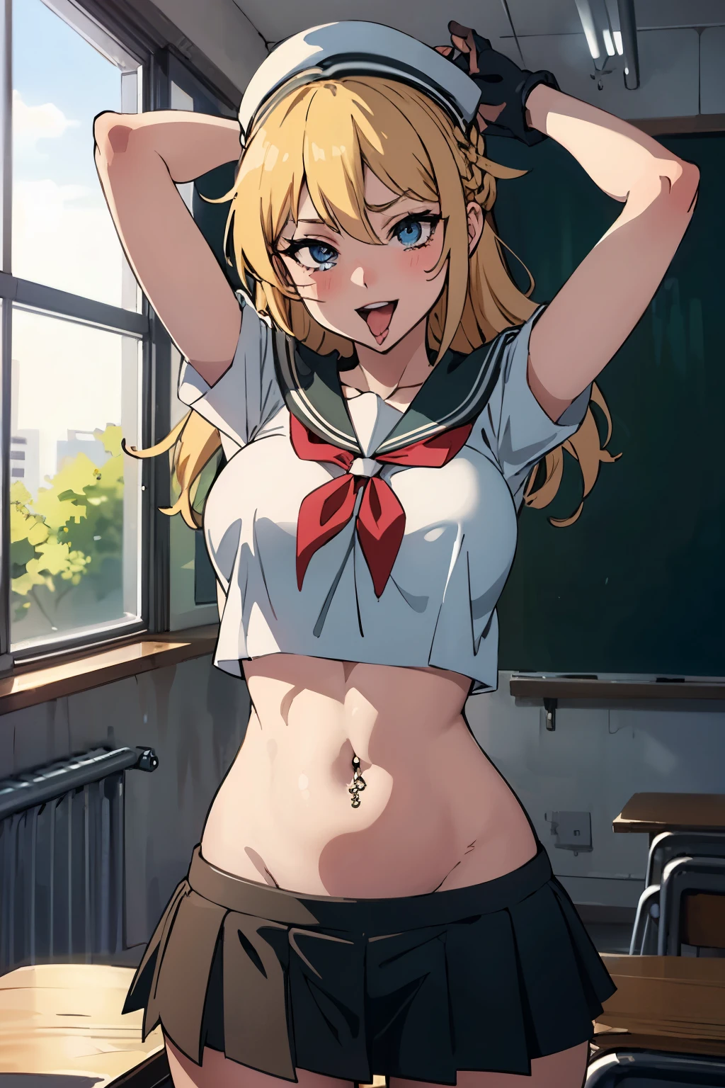 EriDef,blonde hair, ,gloves,long hair, large breast, blush, lipstick, mouth open and tongue out, open, masterpiece, best quality, highly detailed, a anime girls in sailor uniforms with a gun posing for a picture,
evil smile, smile, open mouth,black_serafuku, ecchi anime style, anime girls , 
ecchi style, ecchi, shipgirls, digital anime art!!, high school girls, holding a gun, hold a gun, anime style 4
k, micro skirt, exposed belly, exposed navel, exposed midriff,
exposed lower belly,school, classroom, navel piercing