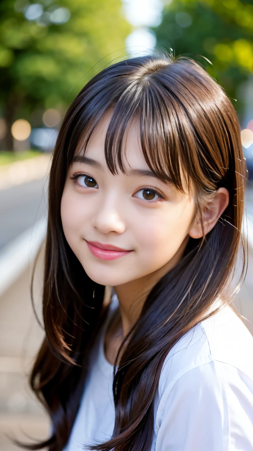 (Best-quality, Masterpiece, Ultra-High-Resolution, (Photorealistic:1.4), Raw Photo, depth of field, professional lighting, perfect anatomy, extremely details), 1girl, 15-years-old, the most famous Japanese idol, at street, wearing the latest fashion, (extremely cute face like the most popular Japanese idol, ((extremely cute and extremely big eyes)), extremely cute hair, extremely beautiful skins), extremely cute long-eyelashes, extremely cute lips, looking at viewer, innocent smile, detailed meeting-room