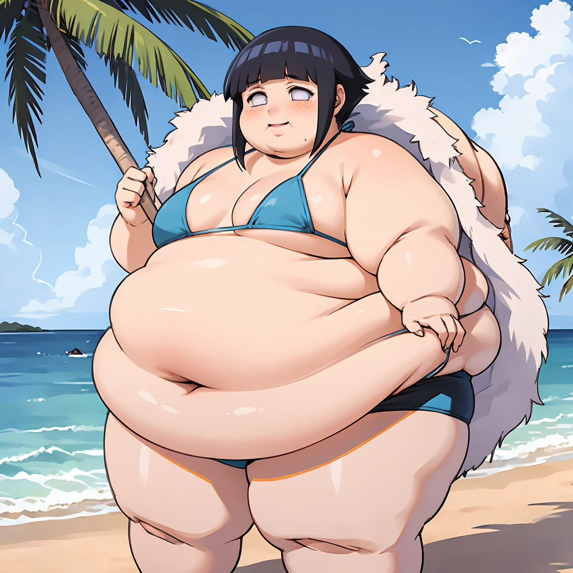 standing, shy, happy, blush, 1girl, Slob hyuuga hinata, thick thighs, big and fat face, big obese cheeks, chonky belly, small obese neck, obese arms, black hair, white eyes, no pupils, small breats, bikini, ultra detailed, tropical beach, orange sushine, masterpiece, best quality, aesthetic, detailed