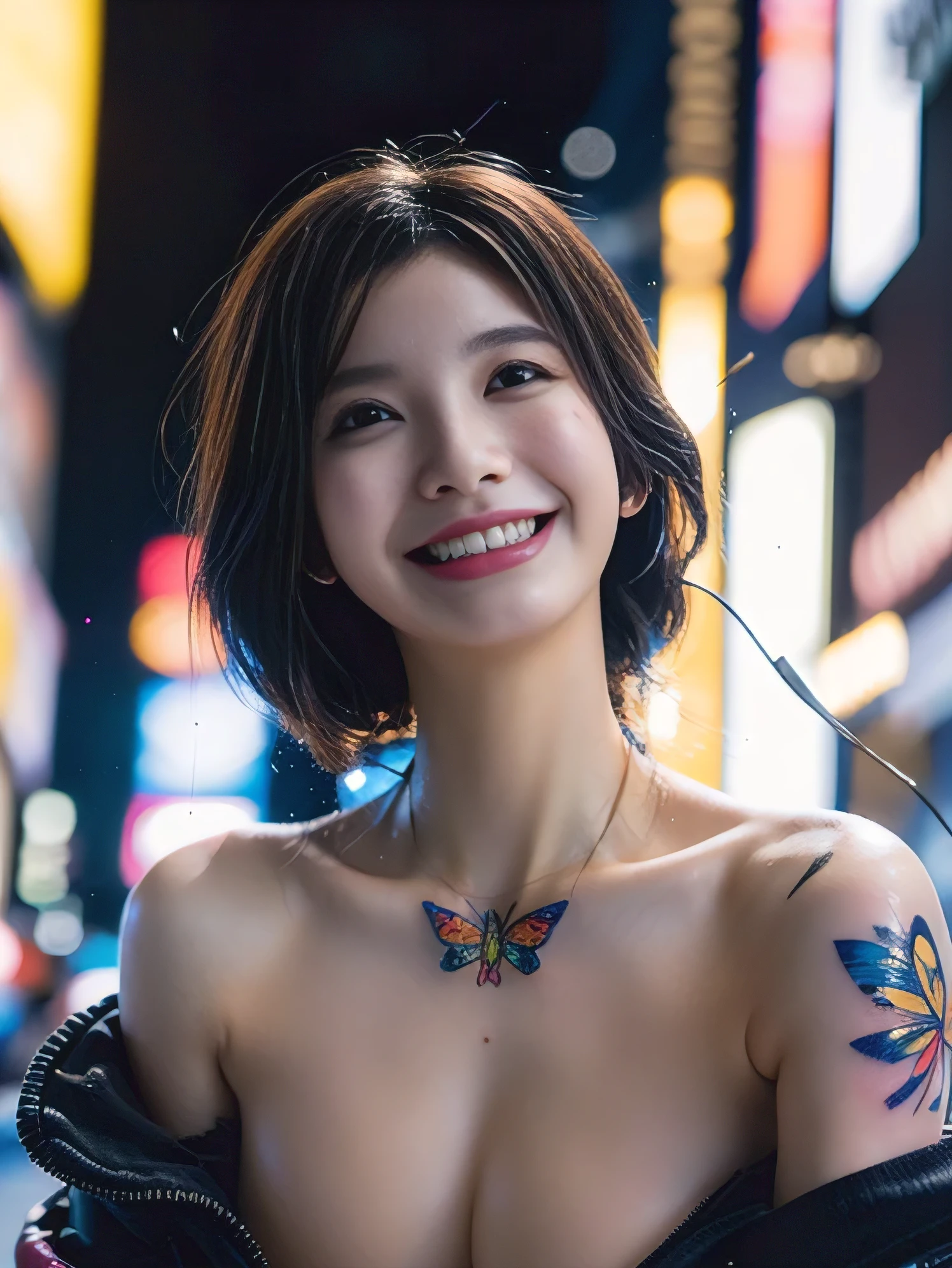 ((Masterpiece stunning Anime illustration)), ((extremely delicate and beautiful cybernetic girl)), ((highly detailed face)), ((mechanical limb, mechanical vertebrae)), ((mechanical cervical attaching to neck)), (wires and cables attaching to neck:1.2), ((mass of wires and cables on head)), ((wearing colorful Harajuku tech jacket with logo)), (dynamic pose), ((cowboy shot)), (masterpiece), (((best quality))), ((ultra-detailed)), (highly detailed photorealistic CG illustration), cinematic lighting, science fiction, extremely detailed,colorful,highest detail, (((Times Square background, (Blade Runner), Harajuku district))), NSFW, (((sparking smile))), (((butterfly tattoo)))