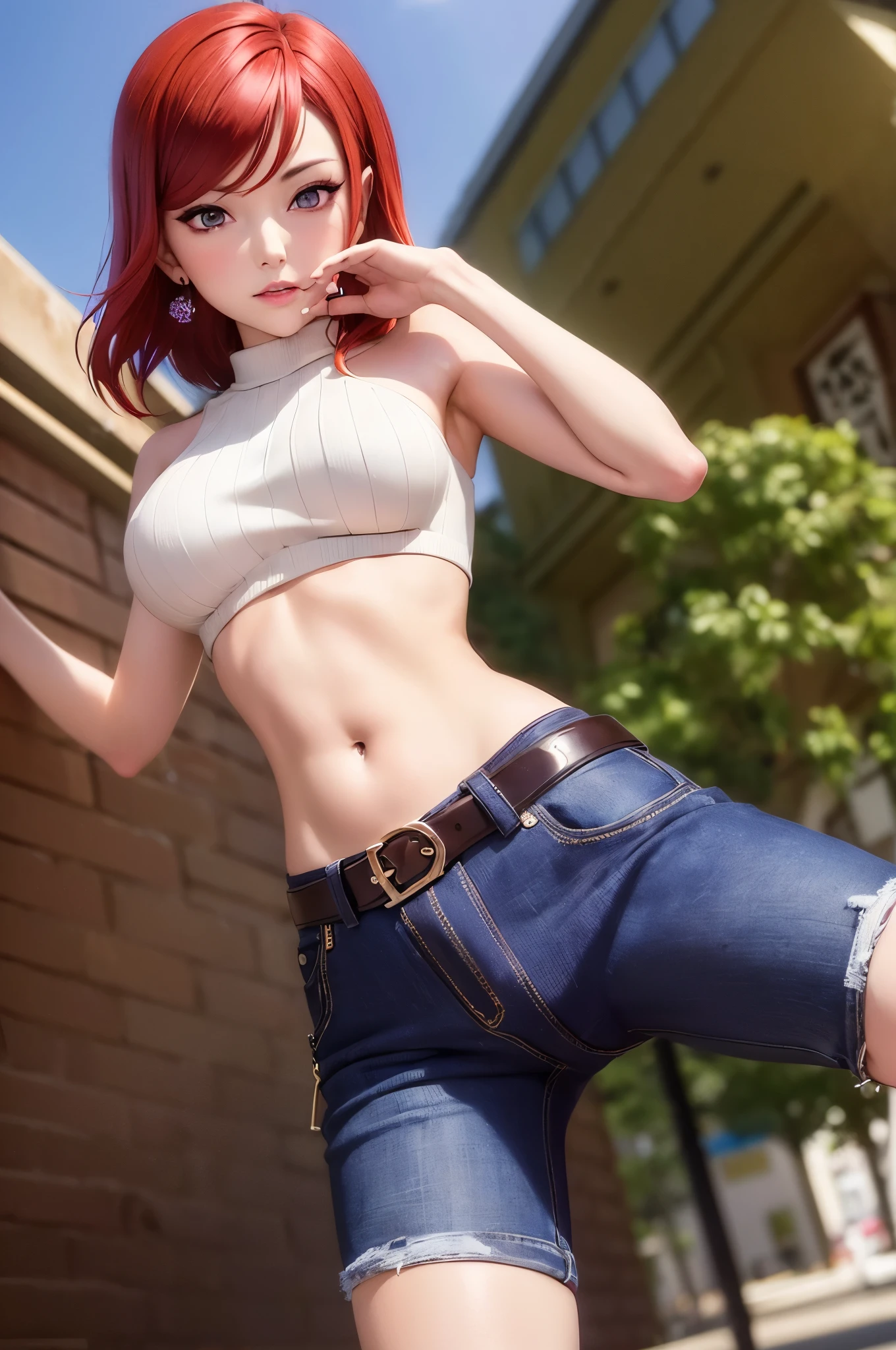 (Masterpiece, Best Quality, High Quality),(NSFW:1.3),Nishikino maki, Red hair, purple eyes, cowboy shot,low waisted pants, tight ,(sweater crop top), (sexy stomach), detailed belly, midriff, big breasts,looking at viewer,  earrings,in street