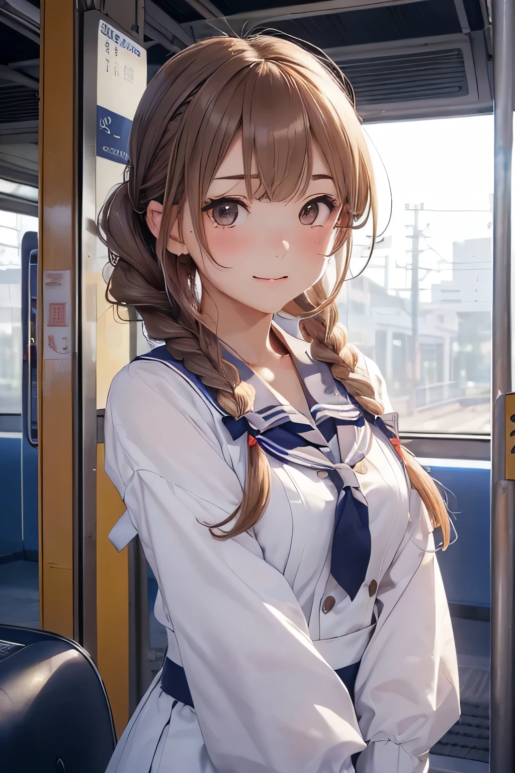 highest quality、High resolution、Detailed Background、(Beautiful face in every detail:1.4)、Anatomically correct、Hide your hands、(Detailed facial expressions)、(Detailed eyes:1.2)、(Detailed eyes:1.2)、age beauty、(Highly detailed face:1.4)、Perfect body line、cute hair color、Braided Bob、Braided Ponytail、Braided twin tails、well-groomed eyebrows、cuteJK uniform、White Pantyhose、Playfully hugging each other、Cute gestures、A big smile、Station platform、Cowboy Shot、 (Three beautiful girls waiting for a train on a station platform:1.5)、cute