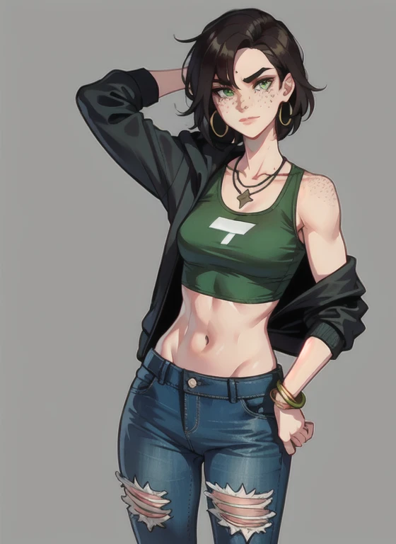 1girl, 1 person, solo female, short, dark brown hair, chin length hair. Her face is angular with high cheekbones, a straight nose, and full lips. She has green eyes that are often smudged with black eyeliner, giving her a slightly edgy look. Her skin pale and dotted with a few freckles across her nose and cheeks. tall and lean with a toned, athletic build from years of playing sports. broad shoulders and a narrow waist, giving her an androgynous look. Casual clothing like croptop, hoodies, and ripped short jeans. combat boots and accessorizes with simple jewelry like leather bracelets or silver hoop earrings. Despite her tomboyish style, she still likes to show off her femininity with small touches like painted nails or a delicate necklace.