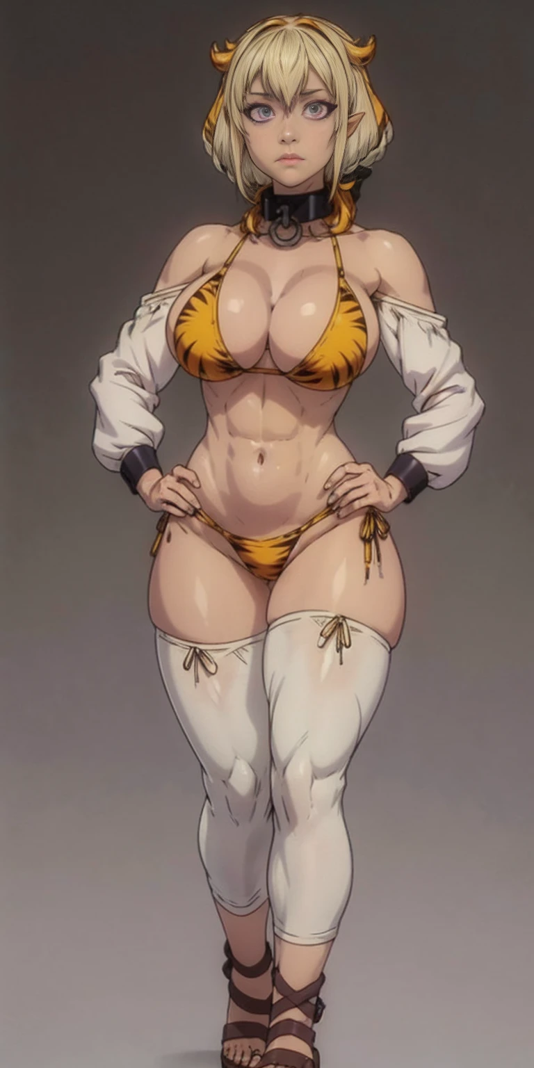 (Masterpiece, grey background:1.2) full body standing straight symmetrical looking to the viewer, view from below, far shot, cow boy shot, purple skin, drow, elf, 1girl, mature, purple eyes, pinched eyes, short silver white hair cut (yellow tiger bikini print long sleeves and long stockings) abs, navel, big knockers, tatter rags, leather choker, chain collar, stomach tattoo (red tattoo) hands on hips, wide hips, thick thighs, metal sandals