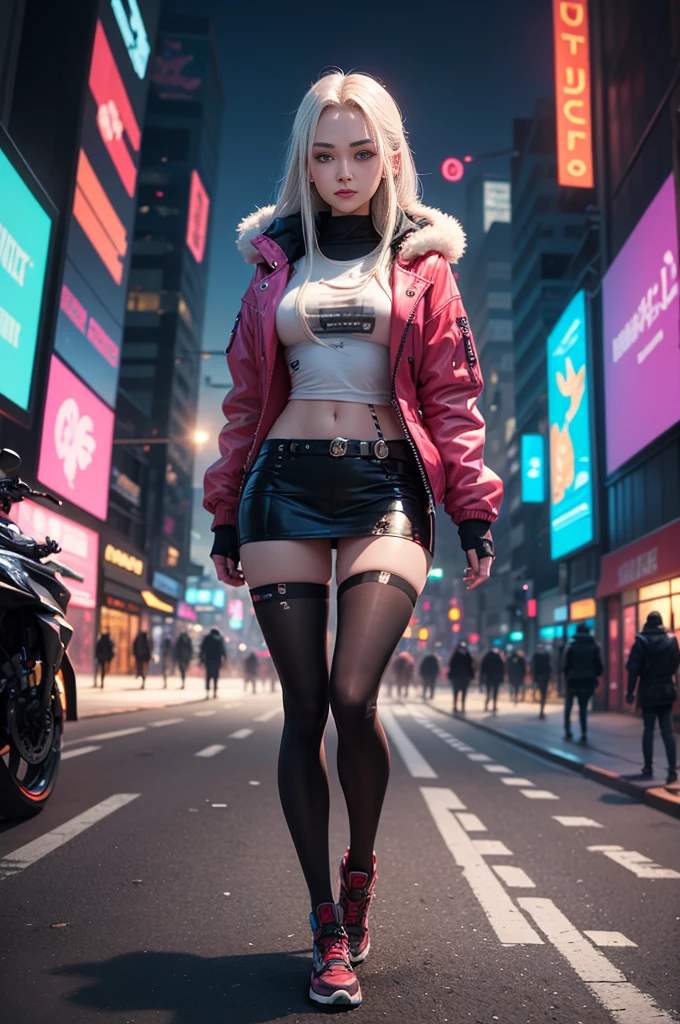 (RAW photos, Best quality, tmasterpiece:1.2), (actual, photo-actual:1.4),(tmasterpiece:1.4),(Best quality:1.4), ((cyber punk Girl)), ,Short white shirt,Open hooded fur-trimmed down jacket,Red miniskirt,((dynamicposes)), (((Cyberpunk city street background))), hair intakes, ((shapeless long hair)), looking at viewert, ssmile, (((Upper legs gap))), upper legs, Very long hair, multicolour hair, alice \(Nikke\),(Glowing and radiant skin),actual.