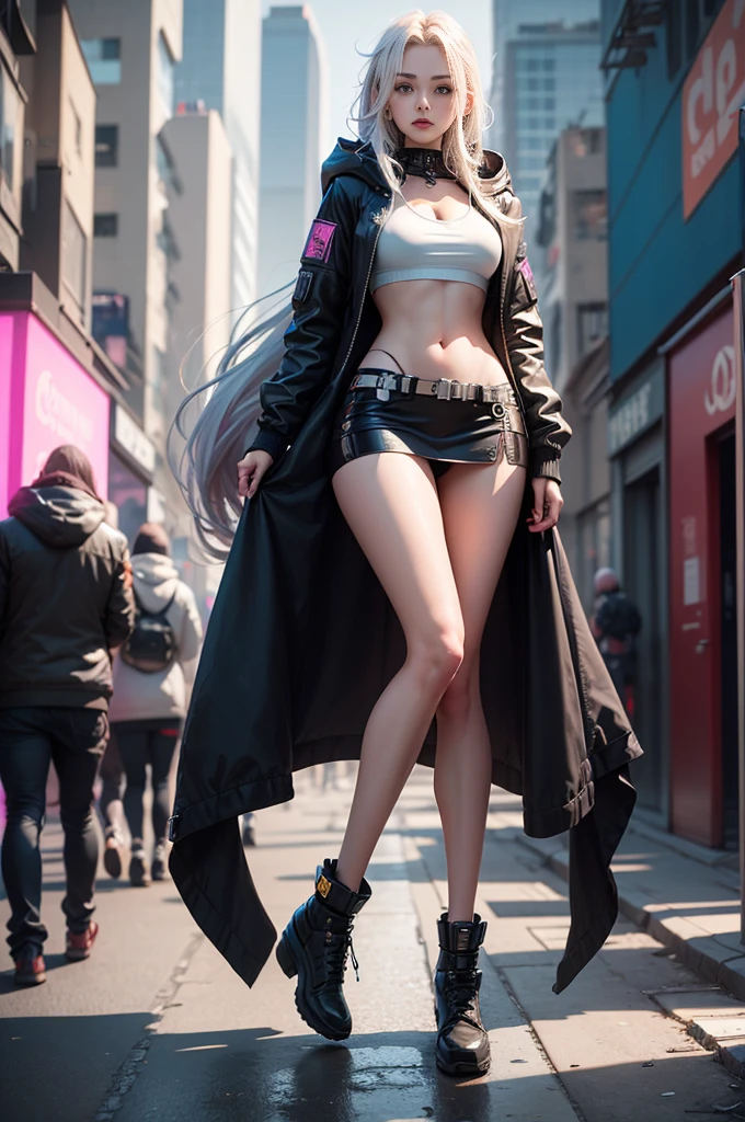 (RAW photos, Best quality, tmasterpiece:1.2), (actual, photo-actual:1.4),(tmasterpiece:1.4),(Best quality:1.4), ((cyber punk Girl)), ,Short white shirt，Open hooded fur-trimmed down jacket，Red miniskirt，((dynamicposes)), (((Cyberpunk city street background))), hair intakes, ((shapeless long hair)), looking at viewert, ssmile, (((Upper legs gap))), upper legs, Very long hair, multicolour hair, alice \(Nikke\),(Glowing and radiant skin),actual.