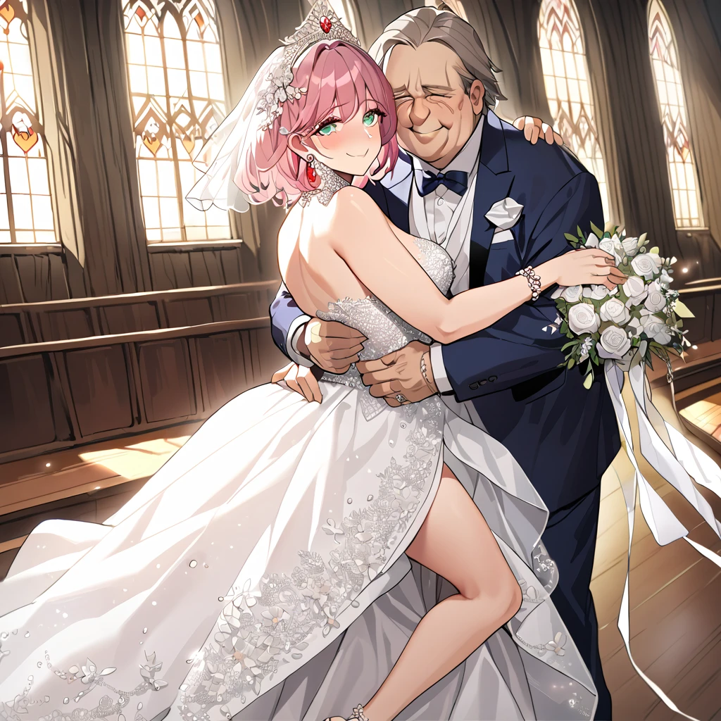 ((highest quality)), ((masterpiece)), (detailed), （Perfect Face）、（The woman is Lena, with short pink hair and a happy smile, and is holding a wedding ceremony with a man in a gorgeous church.、The woman is wearing a gorgeous jeweled wedding dress, a wedding veil, a gorgeous jeweled wedding dress skirt, an engagement ring, a gold jeweled tiara, a gorgeous head dress chain, a gorgeous jeweled necklace, gorgeous earrings, gorgeous bracelets, gorgeous ankle bracelets, a gorgeous jeweled waist chain, and an engagement ring.）、The man is a middle-aged, fat, ugly aristocrat embracing the woman.