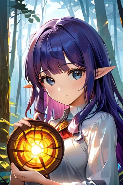 a beautiful elf girl with big purple hair, sexy eyes with yellow pupils, detailed facial features, intricate jewelry, fantasy woodland background, cinematic lighting, highly detailed, award-winning digital painting, vibrant colors, dramatic atmosphere, photorealistic, 8k
