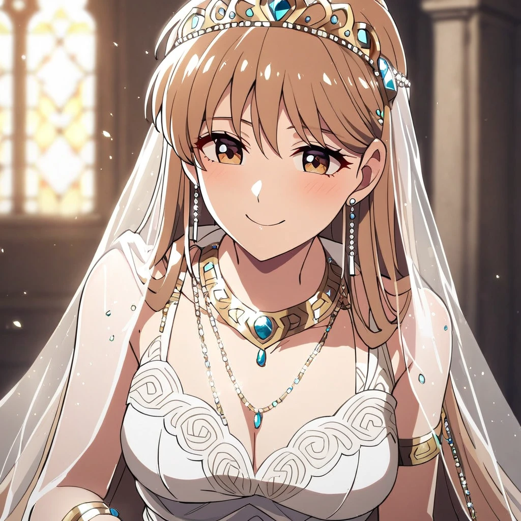 ((highest quality)), ((masterpiece)), (detailed), （Perfect Face）、（The woman was Princess Leona, with long light brown hair, a happy smile, and was getting married in a gorgeous church.、The woman is wearing a gorgeous jeweled wedding dress, a wedding veil, a gorgeous jeweled wedding dress skirt, an engagement ring, a gold jeweled tiara, a gorgeous head dress chain, a gorgeous jeweled necklace, gorgeous earrings, gorgeous bracelets, gorgeous ankle bracelets, a gorgeous jeweled waist chain, and an engagement ring.）