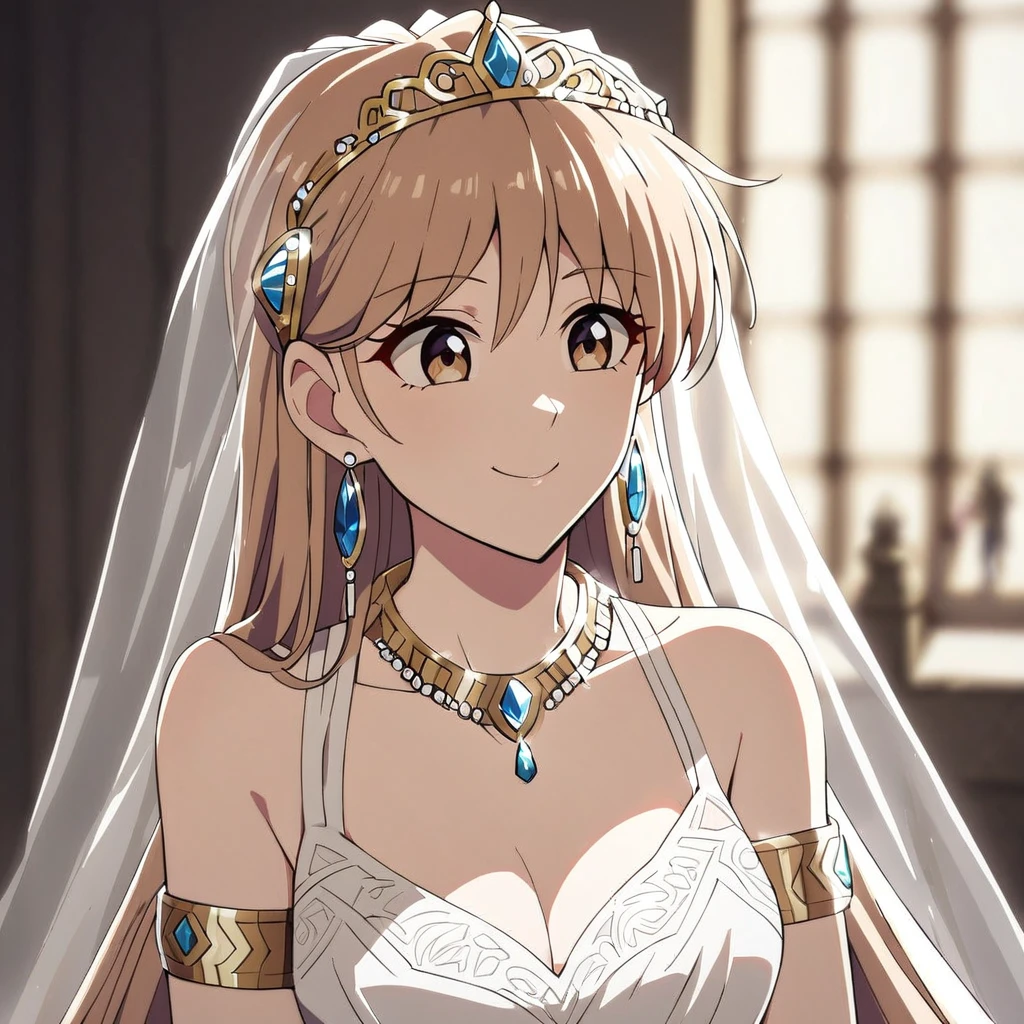 ((highest quality)), ((masterpiece)), (detailed), (Perfect Face)、(The woman was Princess Leona, with long light brown hair, a happy smile, and was getting married in a gorgeous church.、The woman is wearing a gorgeous jeweled wedding dress, a wedding veil, a gorgeous jeweled wedding dress skirt, an engagement ring, a gold jeweled tiara, a gorgeous head dress chain, a gorgeous jeweled necklace, gorgeous earrings, gorgeous bracelets, gorgeous ankle bracelets, a gorgeous jeweled waist chain, and an engagement ring.)