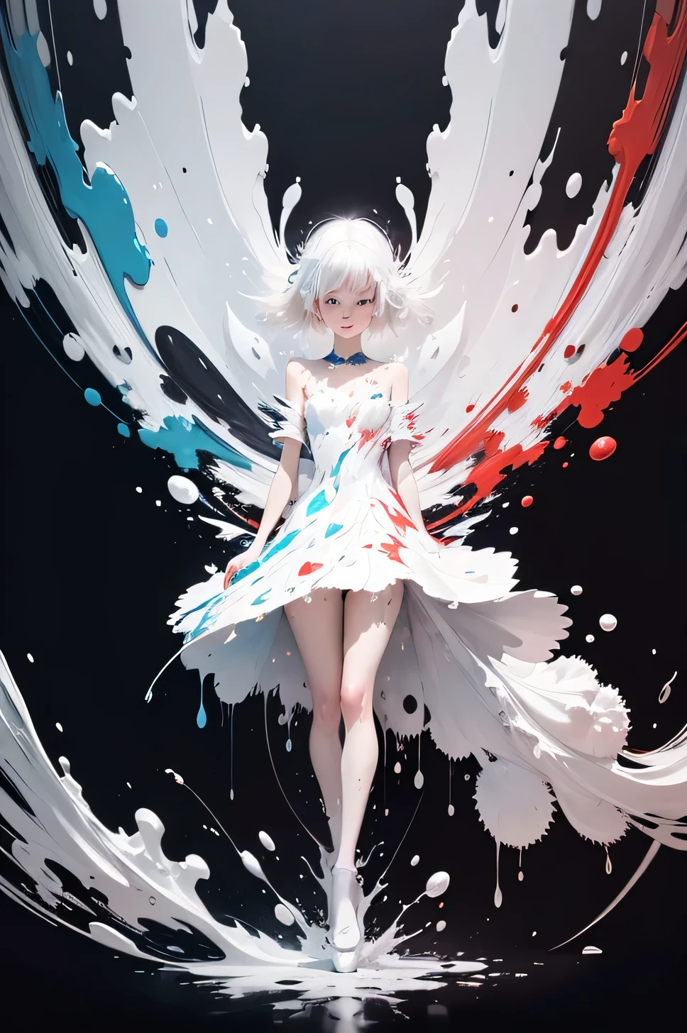 White-haired girl in a dress Liquid paint, (Abstract art:1.6), Smearing color, Fragile beauty, reproduction, ((Increased splashes of liquid paint)), (no gravity), (Realistic: 1.4), (Very detailed), (High resolution), (highest quality), (masterpiece)