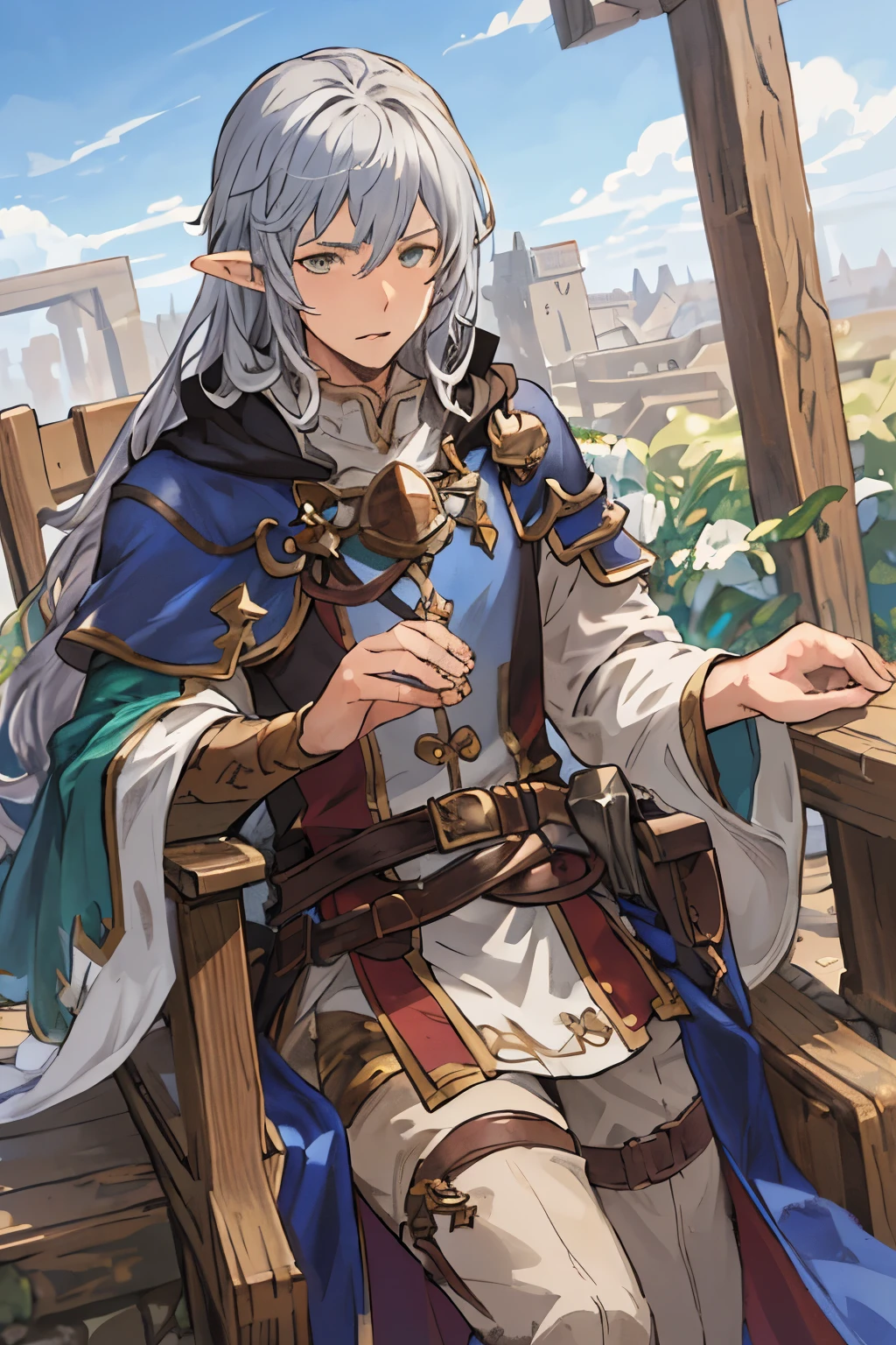 Masterpiece, Best Quality, Ultra-Detailed, 1man, man, mature man, adult man, 30 years old man, silver hair, white hair, long hair, green eyes, emerald eyes, elf, elf ears, pointy ears, long ears, deep eyes, brilliant eyes, very beautiful eyes, high fantasy mage clothes, high fantasy priest clothes, looking at you, serious expression, granblue fantasy style clothes, granblue fantasy clothes style, high fantasy castle background, high fantasy clothes