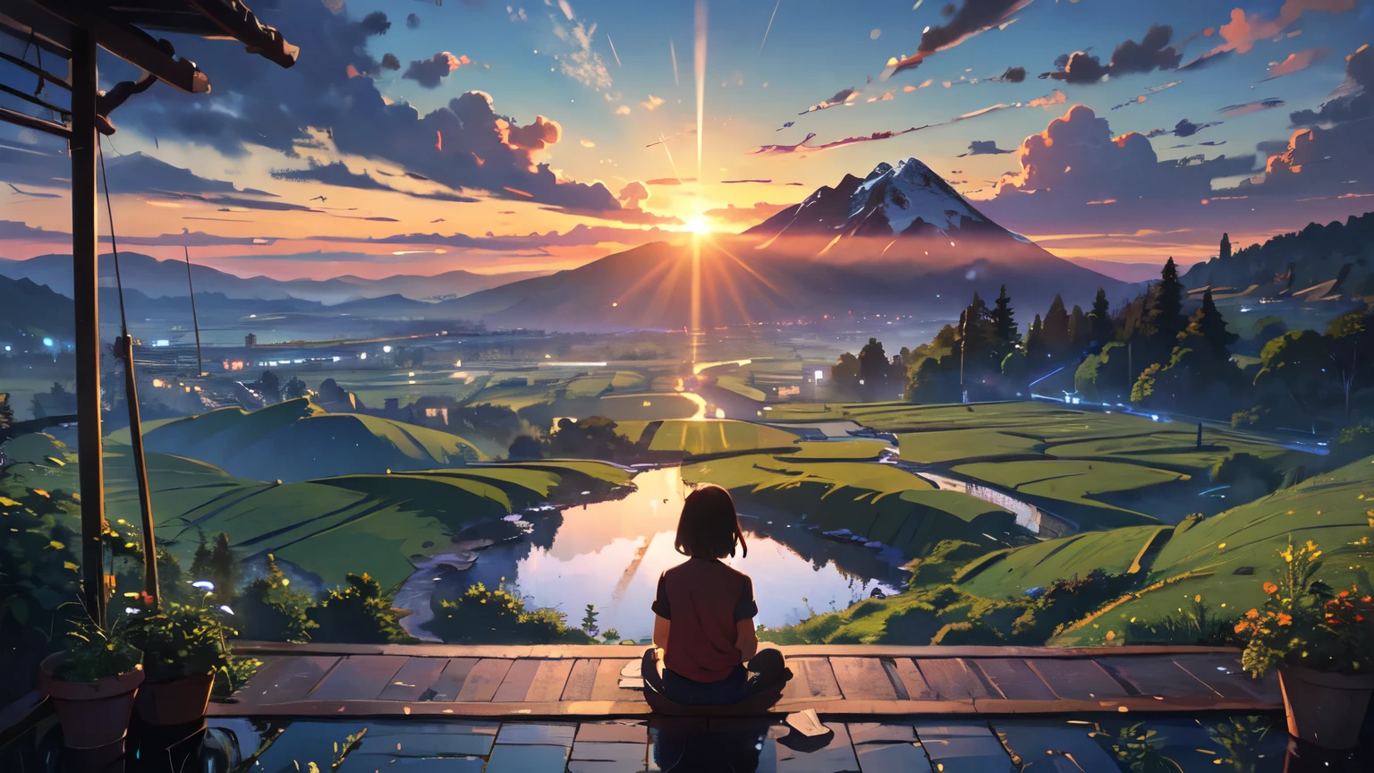 meditation ((best quality)), ((masterpiece)), (detailed), Miyazaki painting style, illustration, over-the-shoulder perspective, back, halo, a young men sitting under the eaves of green bricks, there is a rolling mountain in the distance, the top of the mountain is a reddish sunset, below the mountain is a square rice field, pond, the edge of the blue sky is shining with orange red, the foreground of the photo can see a little black tile eaves, realistic oil painting, perfect face 
