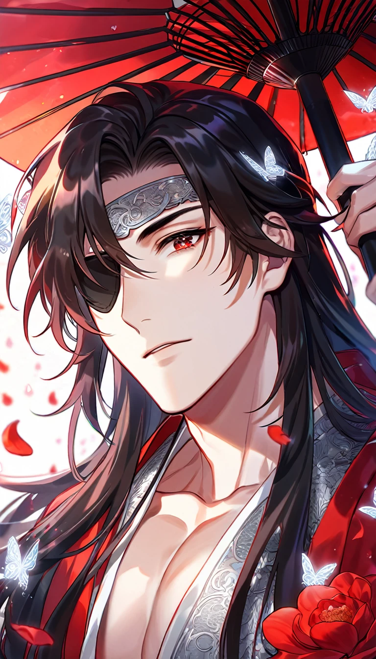 Ultra detailed, HDR, Highres, absurdres, master piece, Hua Cheng, black long hair, expressive red eye, black eye patch, Heaven Official's Blessing, glittering silver butterflies, petals, red clothes, red flowers, handsome, sexy man, toned chest, extremely detailed face and eyes, glittering, red forest, perfect face, best quality, red rain, grabbing a red oil-paper umbrella