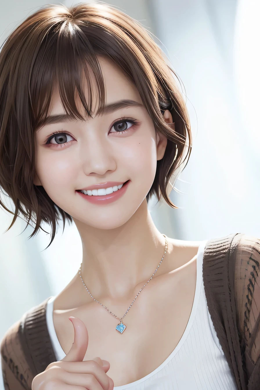 205 ((short hair)), 20-year-old female, In underwear、cardigan、Sleeves are not in place、Dark eyeliner、 A refreshing smile、Beautiful teeth alignment、、Dark brown hair、ear piercing、Necklace around the neck、Looking into the camera