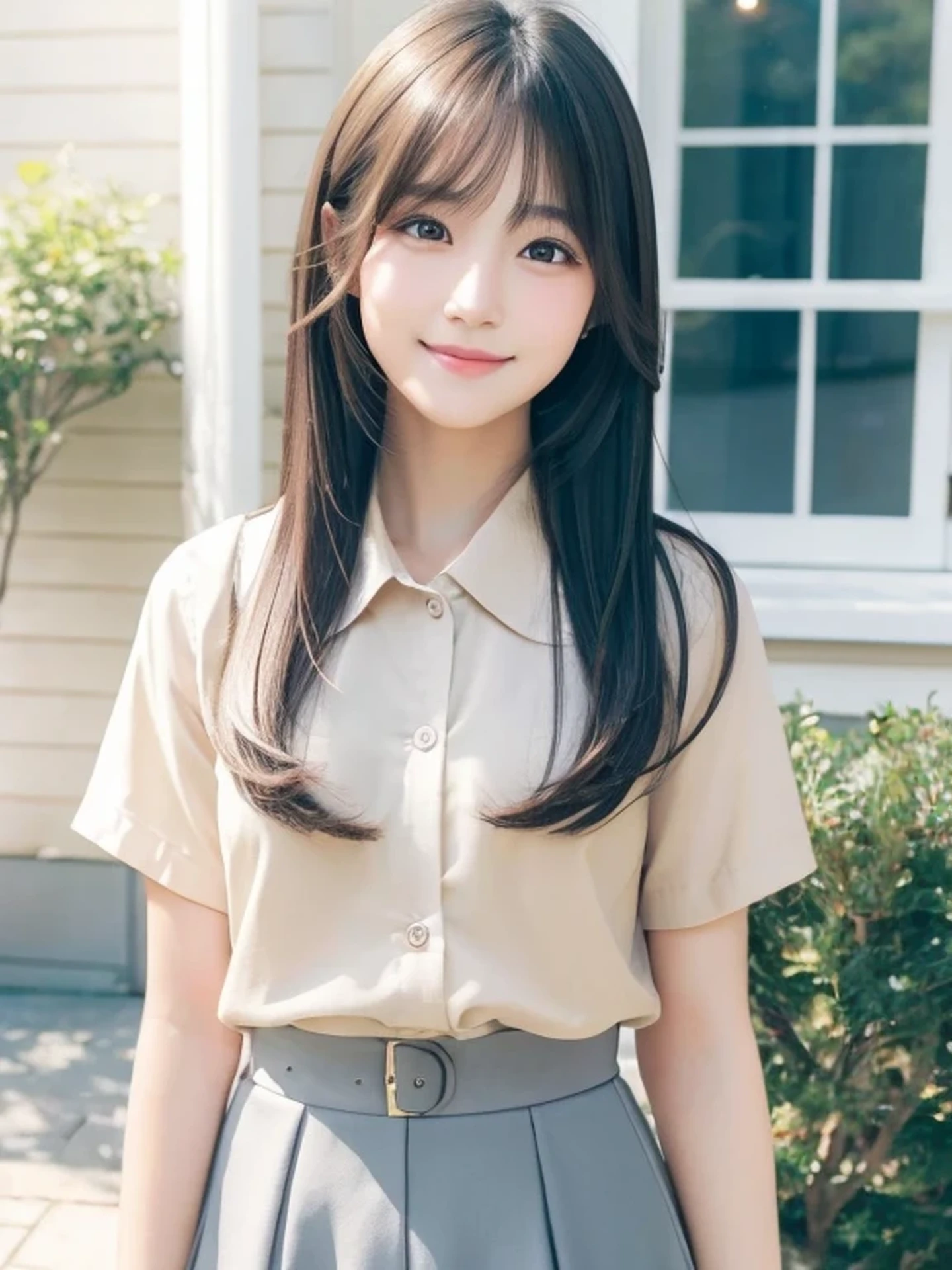 Beautiful Japanese Woman, Soft skin and a nice perfect face, A small face with a nose and rosy lips, Beautiful Eyes, Beautiful smile. black, Surrounded by a bright, ethereal glow、Thin, long, beautiful hair. A loose, short hairstyle with gradation highlights and layers of greyish beige, Navy skirt, Hyperrealistic female photos, High quality high resolution 8K masterpiece