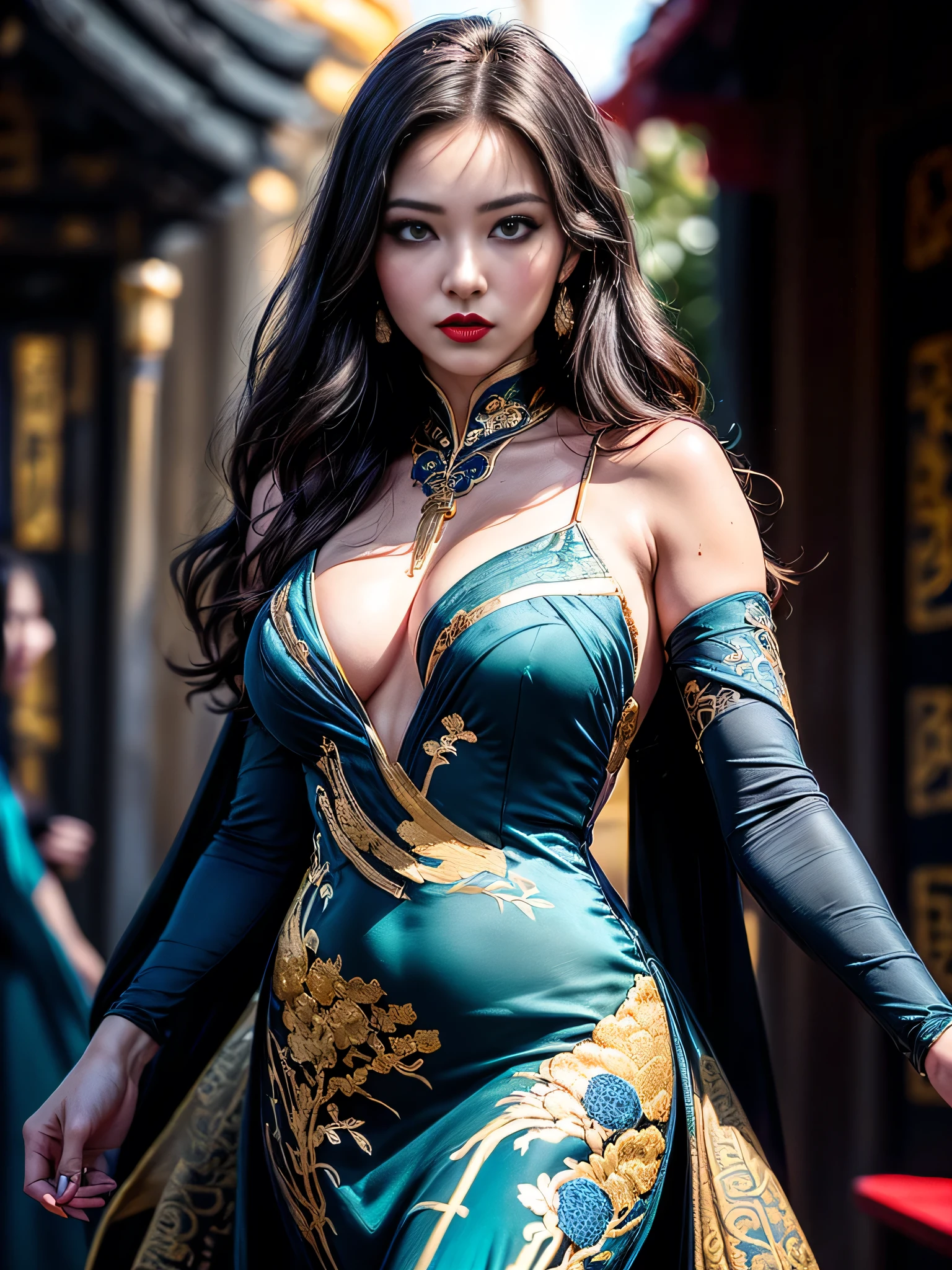 (masterpiece), (extremely intricate:1.3), (realistic), portrait of a muscular girl, ((((detailed woman, ((blackout gothic eye makeup, red lips, strong square cleft chin, arrogant, [flat chest:medium breasts:0.8]), long wavy [blonde hair:dark hair:0.2], (((bright blue gold chinoiserie evening gown))))))), freckles:1.0, professional lighting, photon mapping, radiosity, physically based rendering, ultra resolution, hyper-realistic), metal reflections, upper body, outdoors, intense sunlight, far away castle, professional photograph of a stunning woman detailed, sharp focus, dramatic, award winning, cinematic lighting, volumetrics dtx, (film grain, blurry background, blurry foreground, bokeh, depth of field, sunset, interaction, photorealistic:1.4), 8K