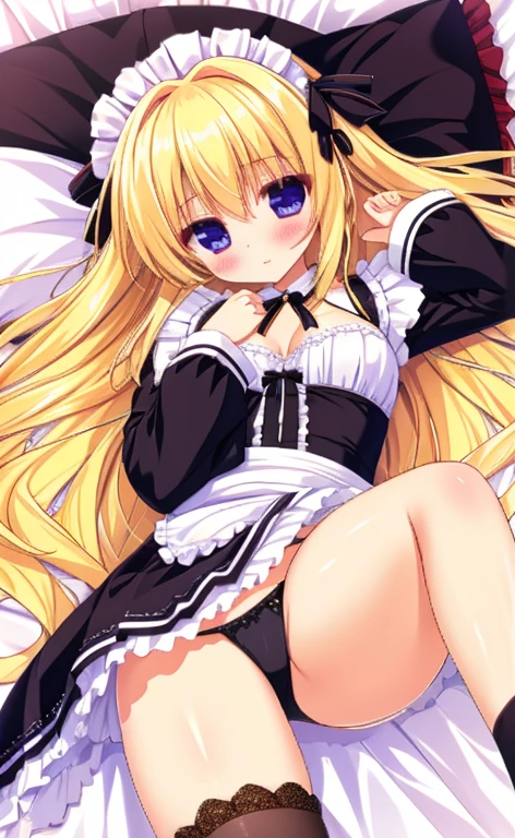 Beautiful long blonde Girl in black maid outfit Long sleeve Shyness Lying on the bed Put your hands up Black Panties