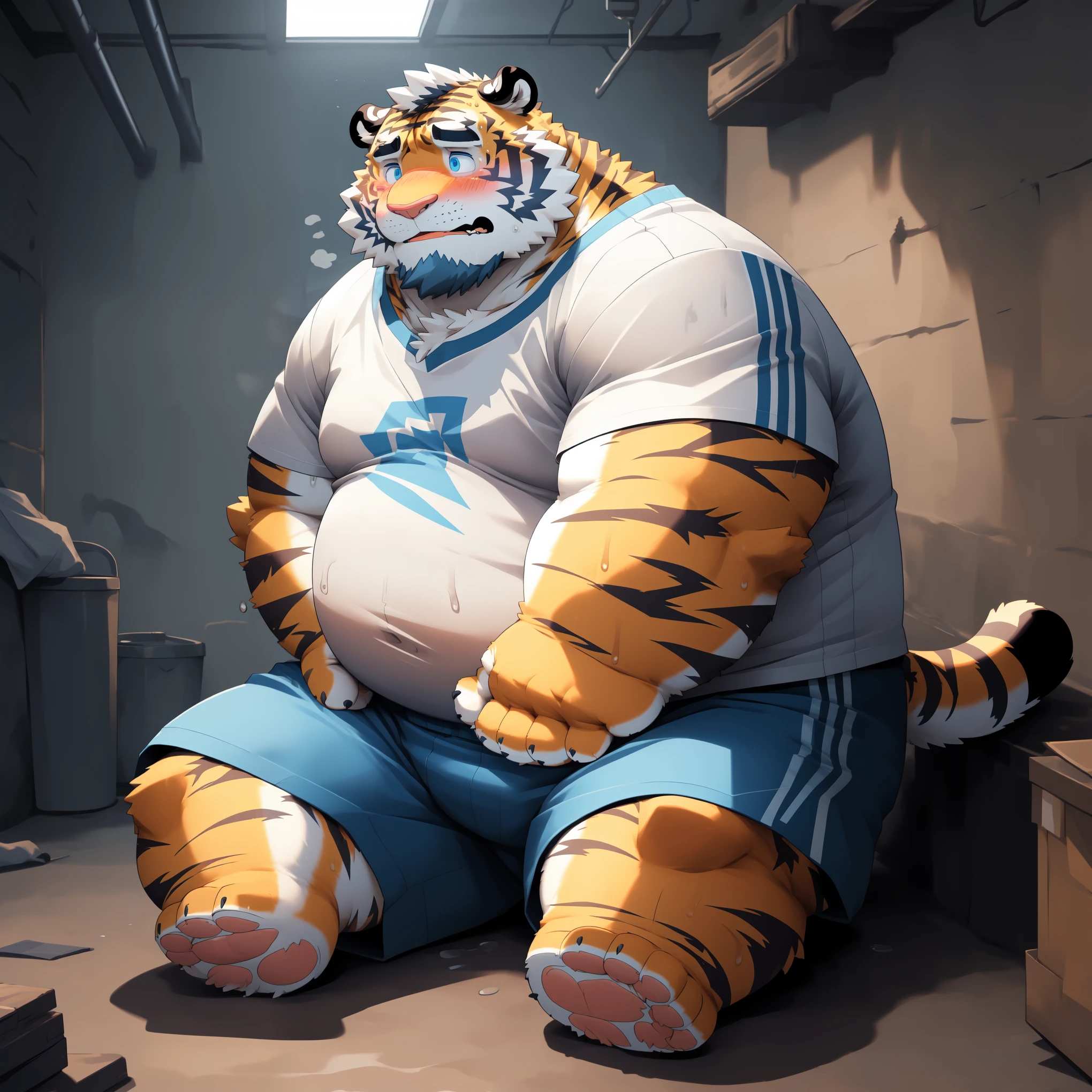 New Jersey 5 Furry,Tiger,Solitary,Chubby,Fat,Thick arms,Rugged muscles,shorts,orange Plush fur,Chubby Face,Black eyebrows,Sky blue eyes,Beard,(Gloomy basement),( White T-shirt,shorts),(Fold both hands),(blush),(Sweating),(sit down)