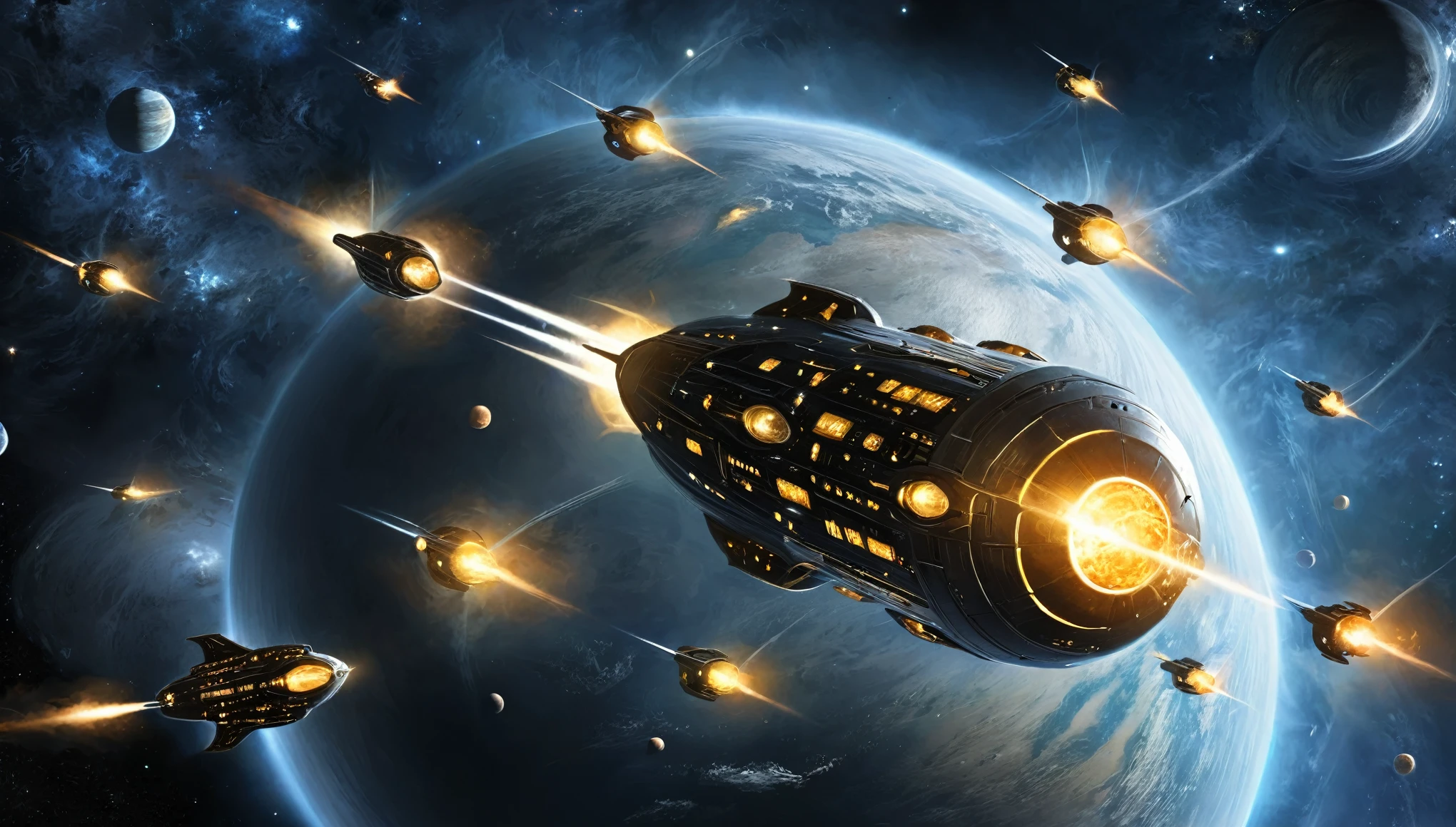 A massive fleet of spaceships gathering near a bright star, with each ship uniquely designed, in a photorealistic style with bold coloration.