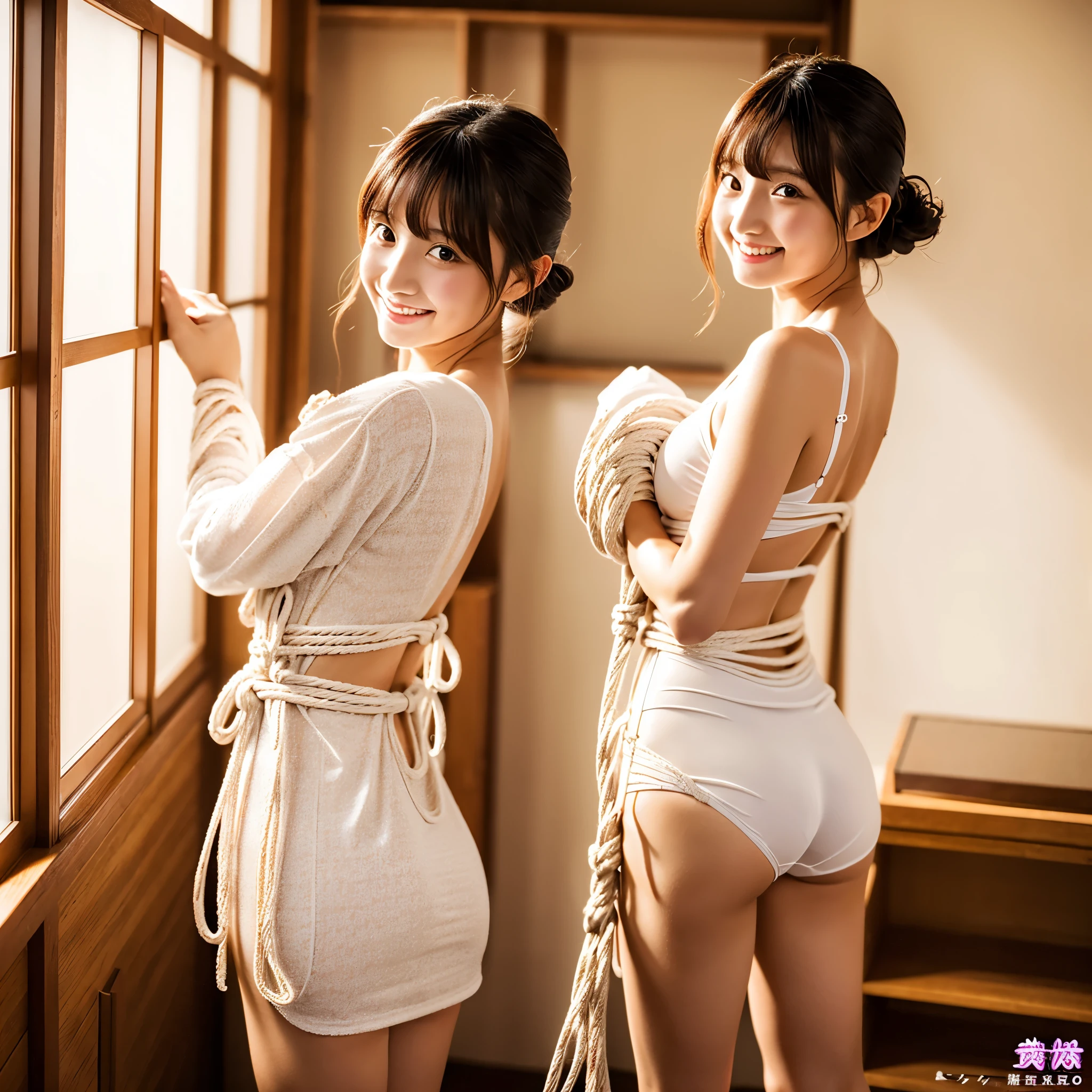 A cute face like a 15-year-old idol Smiling Kindly Japanese maid cafe outfit Maid clothes Cosplay Cleavage Medium bust White panties, (((shibari over clothes, Place your arms behind your back)), bondage, shibari:1.5, Arms tied, Bound breasts), (In a clean room), Daytime, (Are standing),Cleavage,Small Ass、Tortoiseshell binding、RAW Photos Genuine Genuine Real Stick High resolution RAW Photos