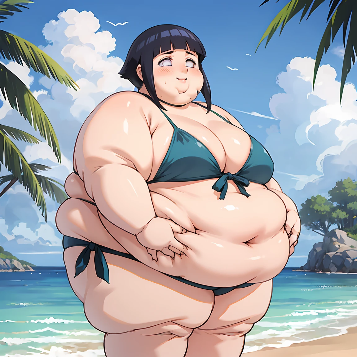 standing, shy, happy, blush, 1girl, Slob hyuuga hinata, obese thick thighs, big and fat face, big obese cheeks, chonky belly, small obese neck, obese arms, black hair, white eyes, no pupils, small breats, bikini, ultra detailed, tropical beach, masterpiece, best quality, aesthetic, detailed