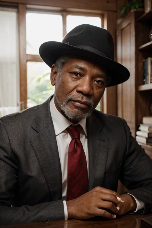 alta qualidade, high resolution) um homem negro, na casa dos 60 anos, utilizando um fedora. possi barba branca, He is a fatherly and charismatic figure. is wearing a suit with a red tie. um pouco semelhante ao ator Morgan Freeman.