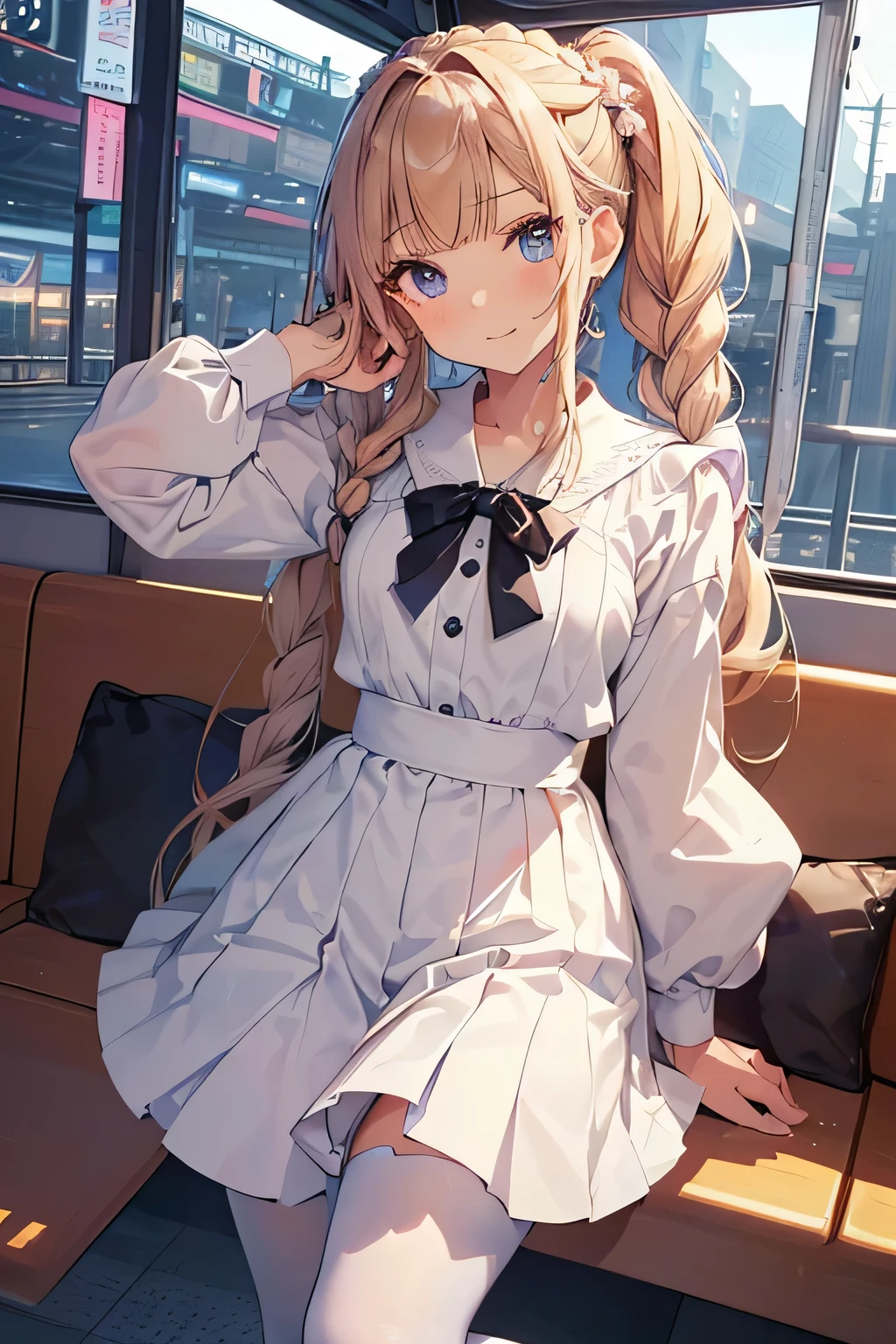 highest quality、High resolution、Detailed Background、(Beautiful face in every detail:1.4)、Anatomically correct、Hide your hands、(Detailed facial expressions)、(Detailed eyes:1.2)、(Detailed eyes:1.2)、Teenage beauty、(Highly detailed face:1.4)、Perfect body line、Cute hair colour、Braided Bob、Braided Ponytail、Braided twin tails、well-groomed eyebrows、Cute JK Uniform、White Pantyhose、Playfully hugging each other、Cute gestures、A big smile、Station platform、Cowboy Shot、 (Three beautiful girls waiting for a train on a station platform:1.5)、Lipstick in sweet colors such as pink and coral