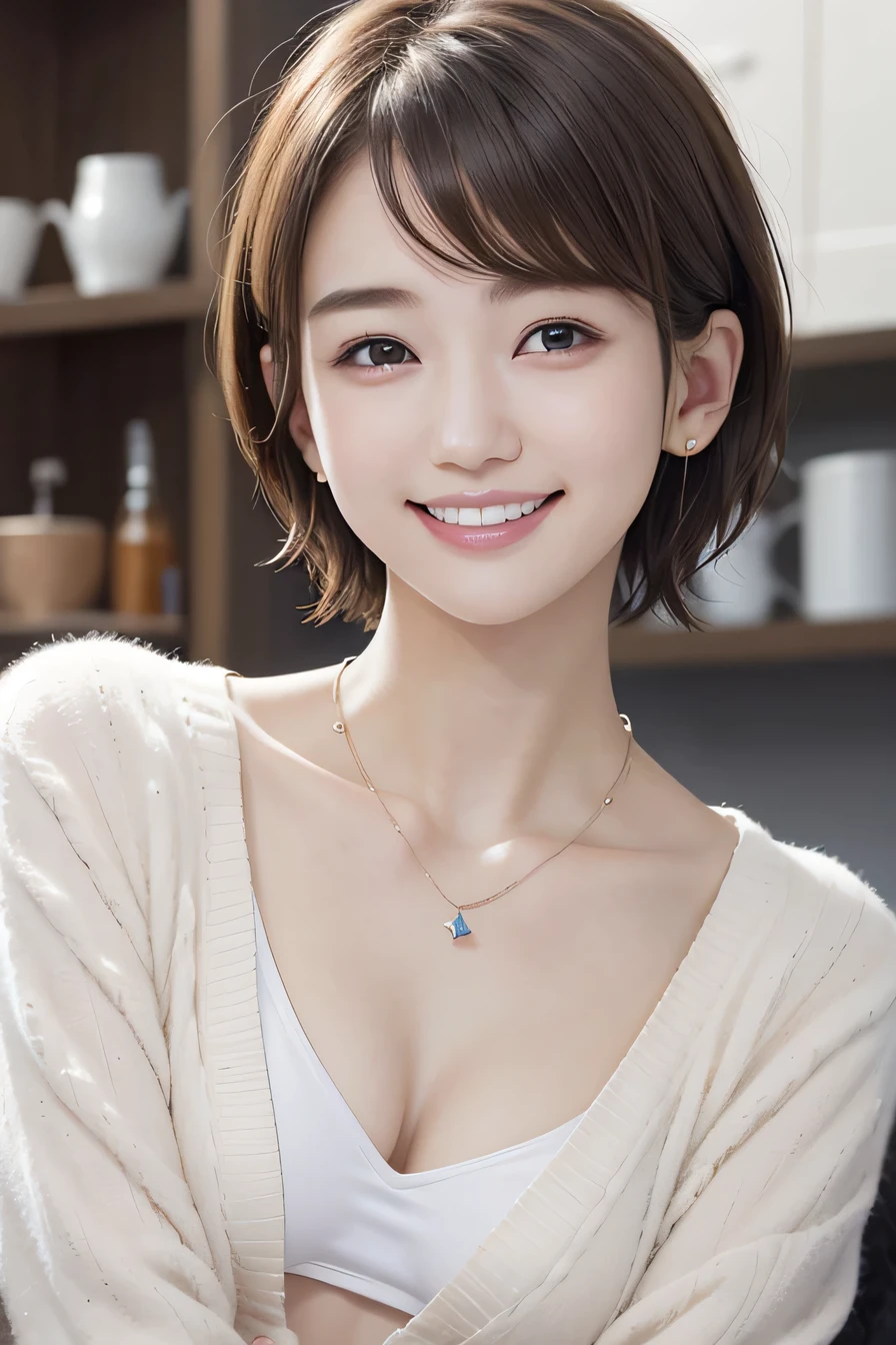 205 ((short hair)), 20-year-old female, In underwear、cardigan、Sleeves are not in place、Dark eyeliner、 A refreshing smile、Beautiful teeth alignment、、Dark brown hair、ear piercing、Necklace around the neck、Looking into the camera
