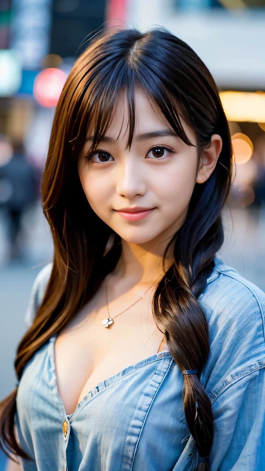 (Best-quality, Masterpiece, Ultra-High-Resolution, (Photorealistic:1.4), Raw Photo, depth of field, professional lighting, perfect anatomy, extremely details), 1girl, 15-years-old, the most famous Japanese idol, cowboy shot, at street, wearing the latest fashion, (extremely cute face like the most popular Japanese idol, ((extremely cute and extremely big eyes)), extremely cute hair, extremely beautiful skins), extremely cute long-eyelashes, extremely cute lips, looking at viewer, innocent smile, detailed the-latest-fashion