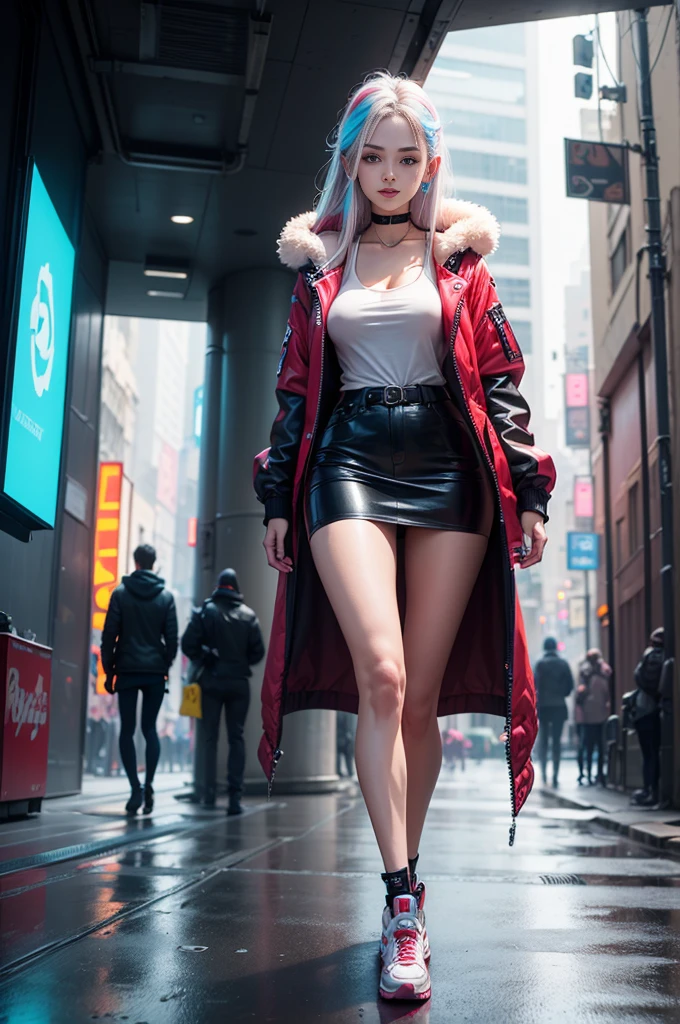 (RAW photos, Best quality, tmasterpiece:1.2), (actual, photo-actual:1.4),(tmasterpiece:1.4),(Best quality:1.4), ((cyber punk Girl)), ,Short white shirt，Open hooded fur-trimmed down jacket，Red miniskirt，((dynamicposes)), (((Cyberpunk city street background))), hair intakes, ((shapeless long hair)), looking at viewert, ssmile, (((Upper legs gap))), upper legs, Very long hair, multicolour hair, alice \(Nikke\),(Glowing and radiant skin),actual.