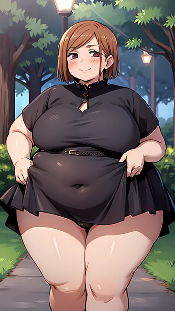 NobaraKugisaki, sexy Black dress, blush,looking up,closed mouth,smile, chubby girl, park, night, happy eyes, fat belly, wide thighs, sexy, Black panties, sexy view, fat