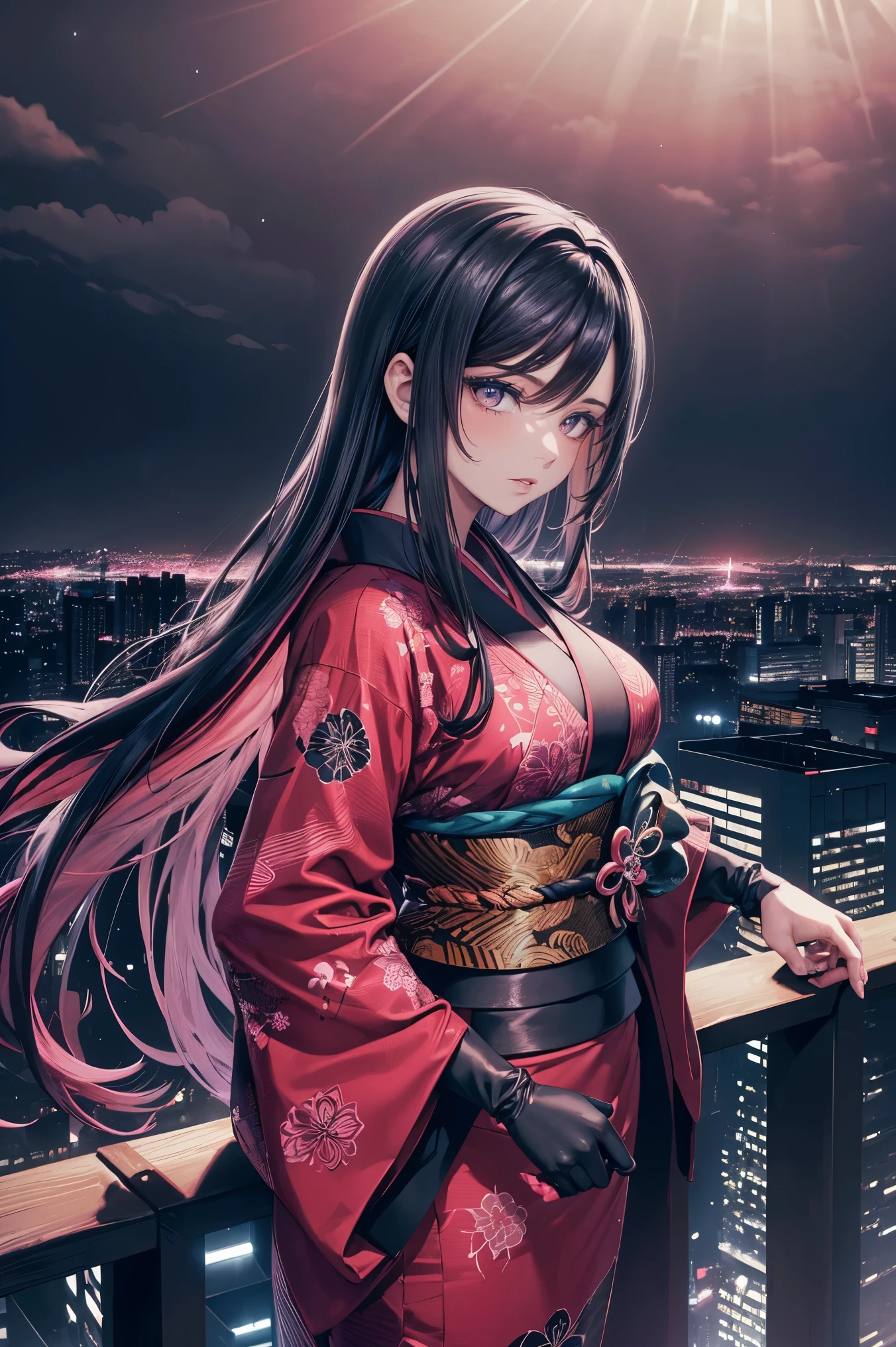 anime, (obra de arte, melhor qualidade, ultra-detalhado, alto contraste), 1 mulher (Sozinho, corpo todo, corpo plus size, standing on the edge of the skyscraper, cabelo prateado, CABELO LONGO E FLUXO, olhos vermelhos brilhantes de rubi, (Kimono preto, black cybernetics with neon pink), meias pretas transparentes), (skyscraper roof, com vista para uma cidade, fundo detalhado ((Night time, darkness, low light pollution)))